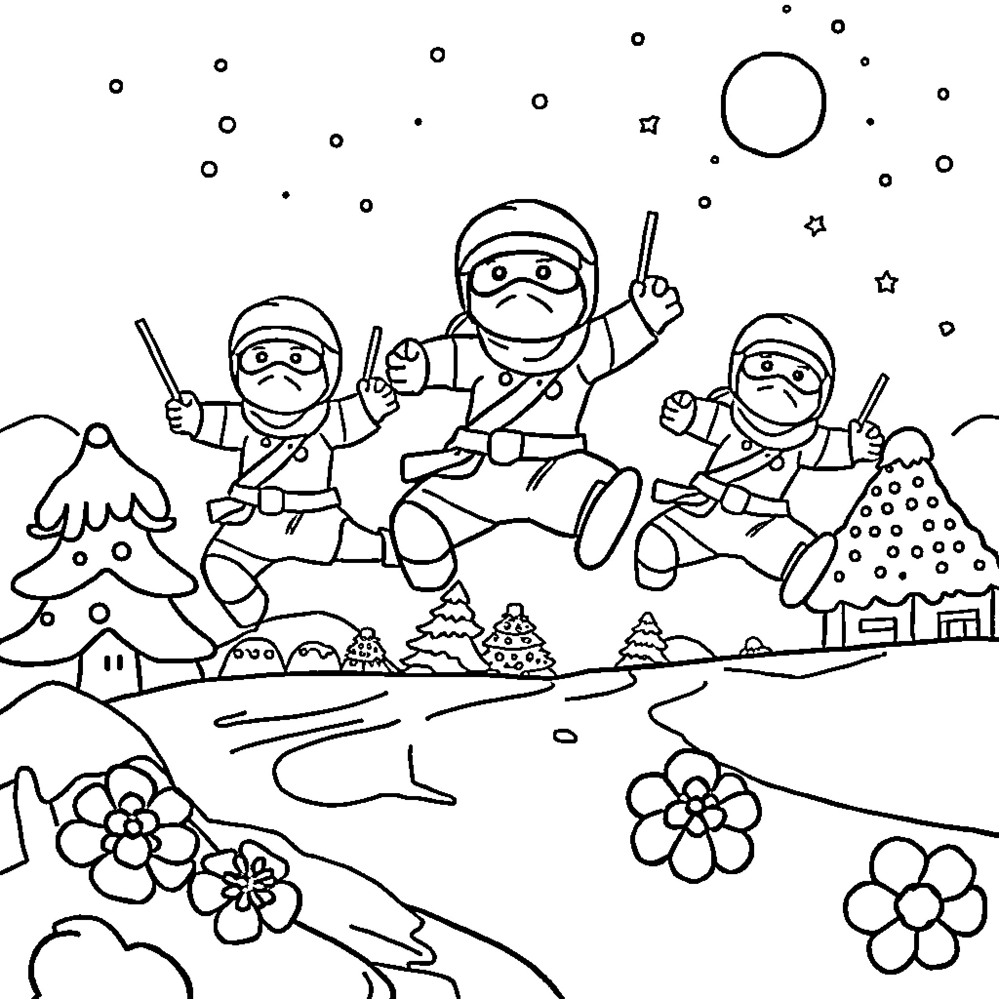 Gingerbread Ninja Family Celebrating in Wintry Scene Coloring Page (free black-and-white line drawing printable PDF for all, from beginners to advanced learners, including children, teens, adults, and seniors)