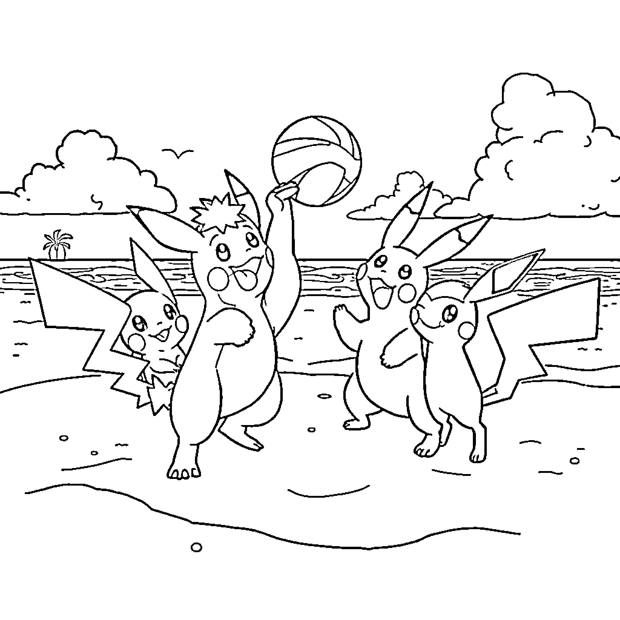 Pokémon playing and having fun at the beach Coloring Page (free black-and-white line drawing printable PDF for all, from beginners to advanced learners, including children, teens, adults, and seniors)