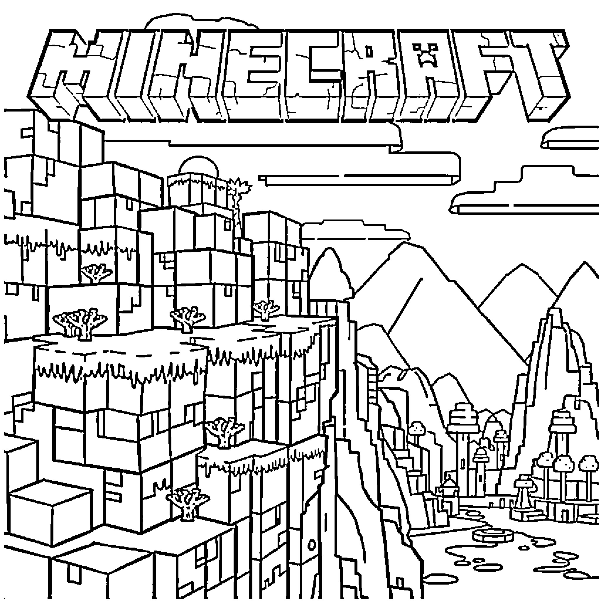 Minecraft Cityscape with Mountainous Terrain Coloring Page (free black-and-white line drawing printable PDF for all, from beginners to advanced learners, including children, teens, adults, and seniors)