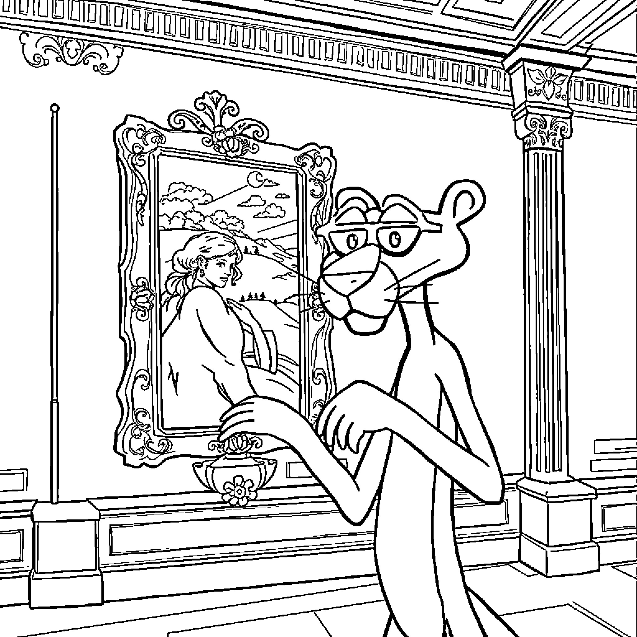 Pink Panther admiring his reflected self in a grand mirror Coloring Page (free black-and-white line drawing printable PDF for all, from beginners to advanced learners, including children, teens, adults, and seniors)