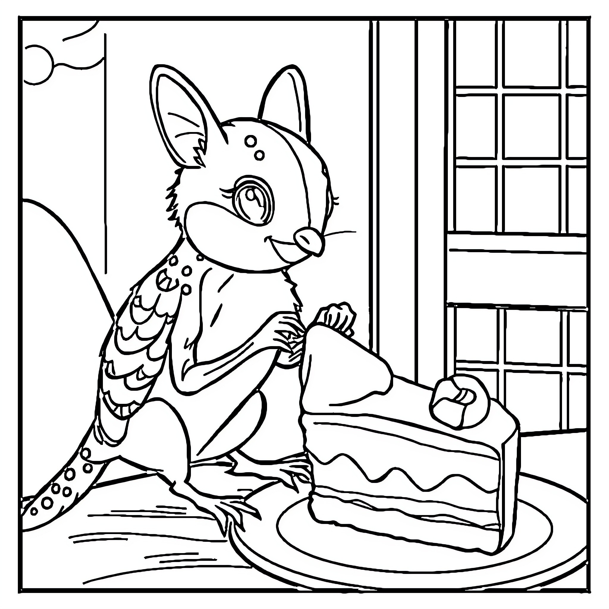 Spider enjoying a delicious pastry indoors Coloring Page (free black-and-white line drawing printable PDF for all, from beginners to advanced learners, including children, teens, adults, and seniors)