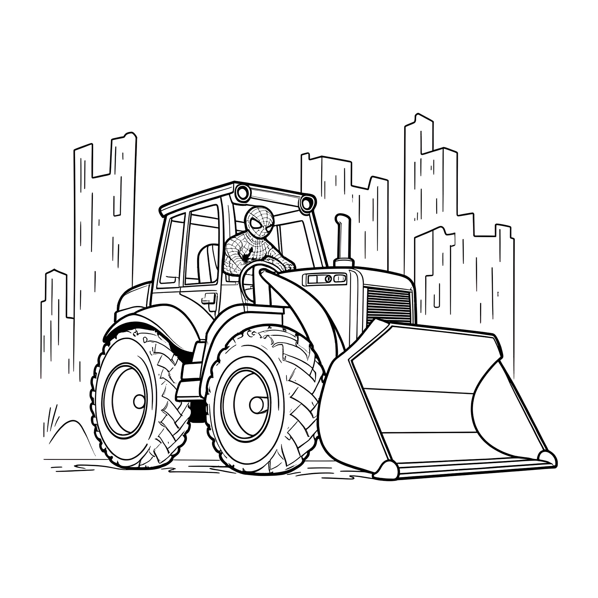 Spiderman operates a large construction vehicle in the city Coloring Page (free black-and-white line drawing printable PDF for all, from beginners to advanced learners, including children, teens, adults, and seniors)