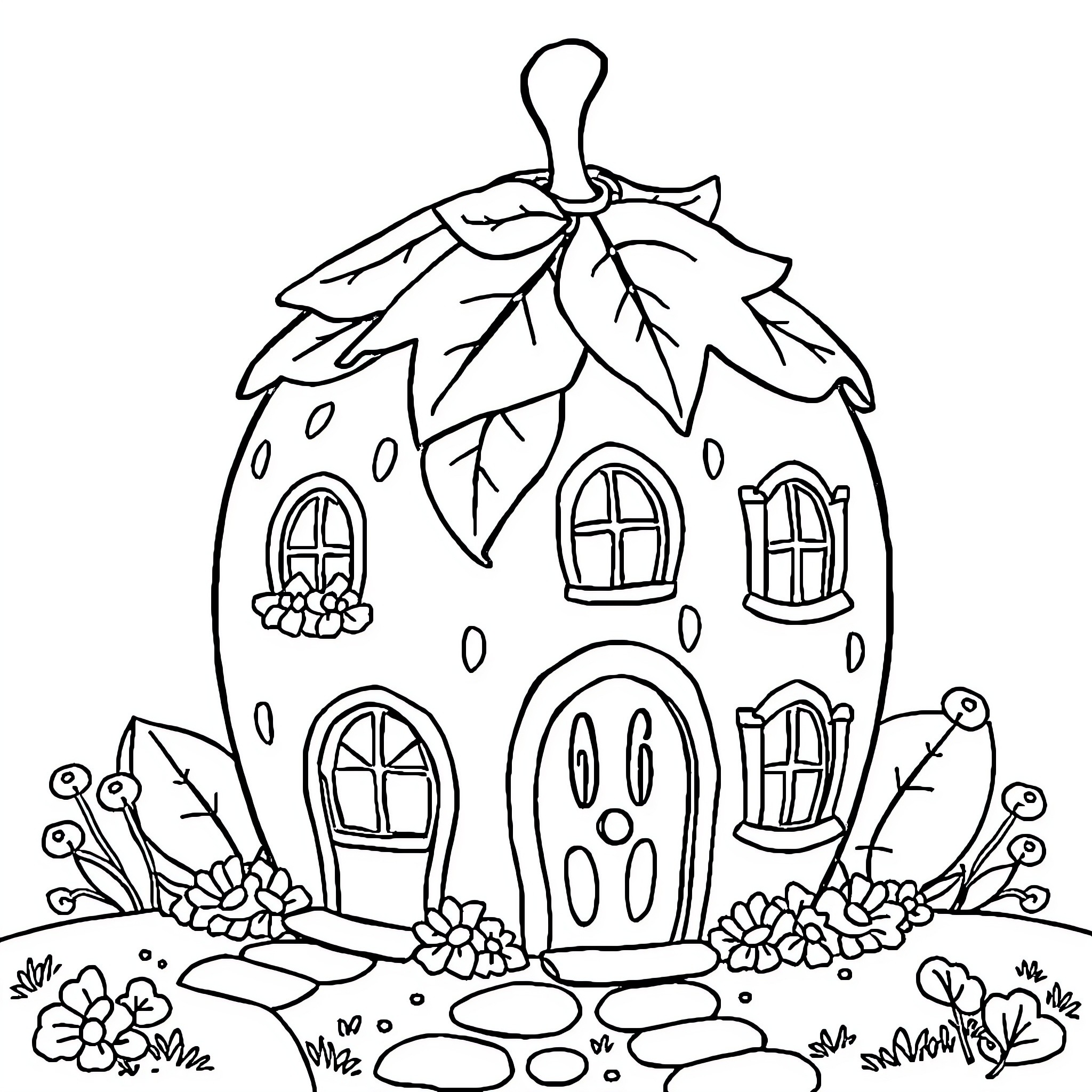 Strawberry House with Whimsical Windows and Garden Decor Coloring Page (free black-and-white line drawing printable PDF for all, from beginners to advanced learners, including children, teens, adults, and seniors)