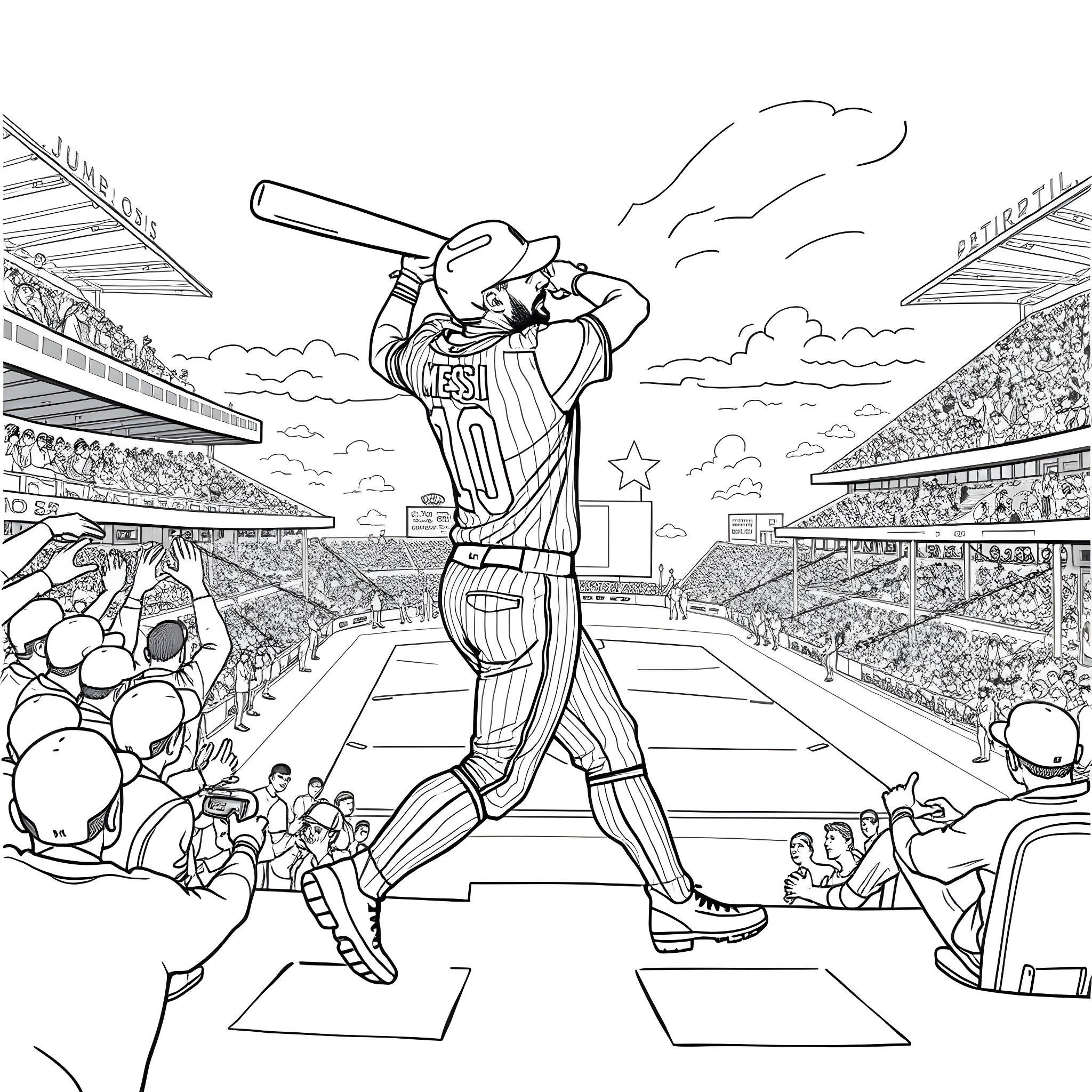 Messi celebrating a home run at the baseball stadium Coloring Page (free black-and-white line drawing printable PDF for all, from beginners to advanced learners, including children, teens, adults, and seniors)