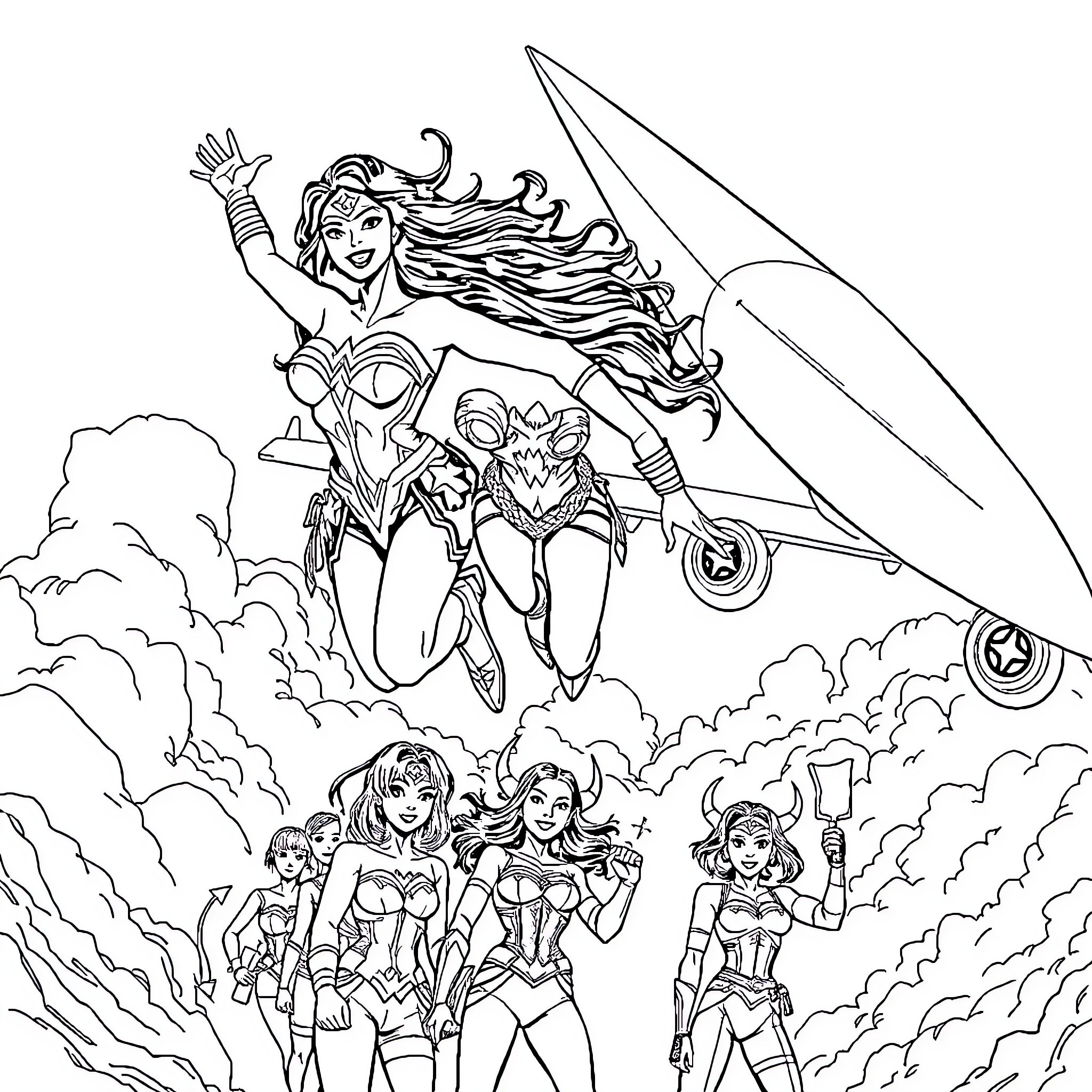 Wonderwoman leading her heroic team in action Coloring Page (free black-and-white line drawing printable PDF for all, from beginners to advanced learners, including children, teens, adults, and seniors)