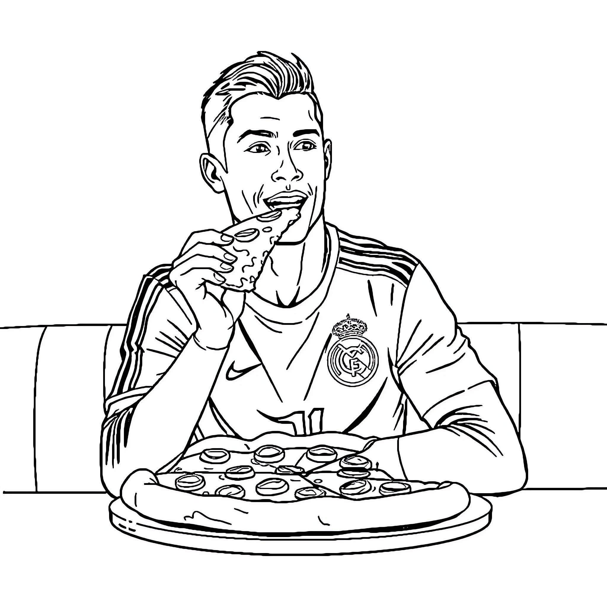 Ronaldo enjoying a meal in uniform Coloring Page (free black-and-white line drawing printable PDF for all, from beginners to advanced learners, including children, teens, adults, and seniors)