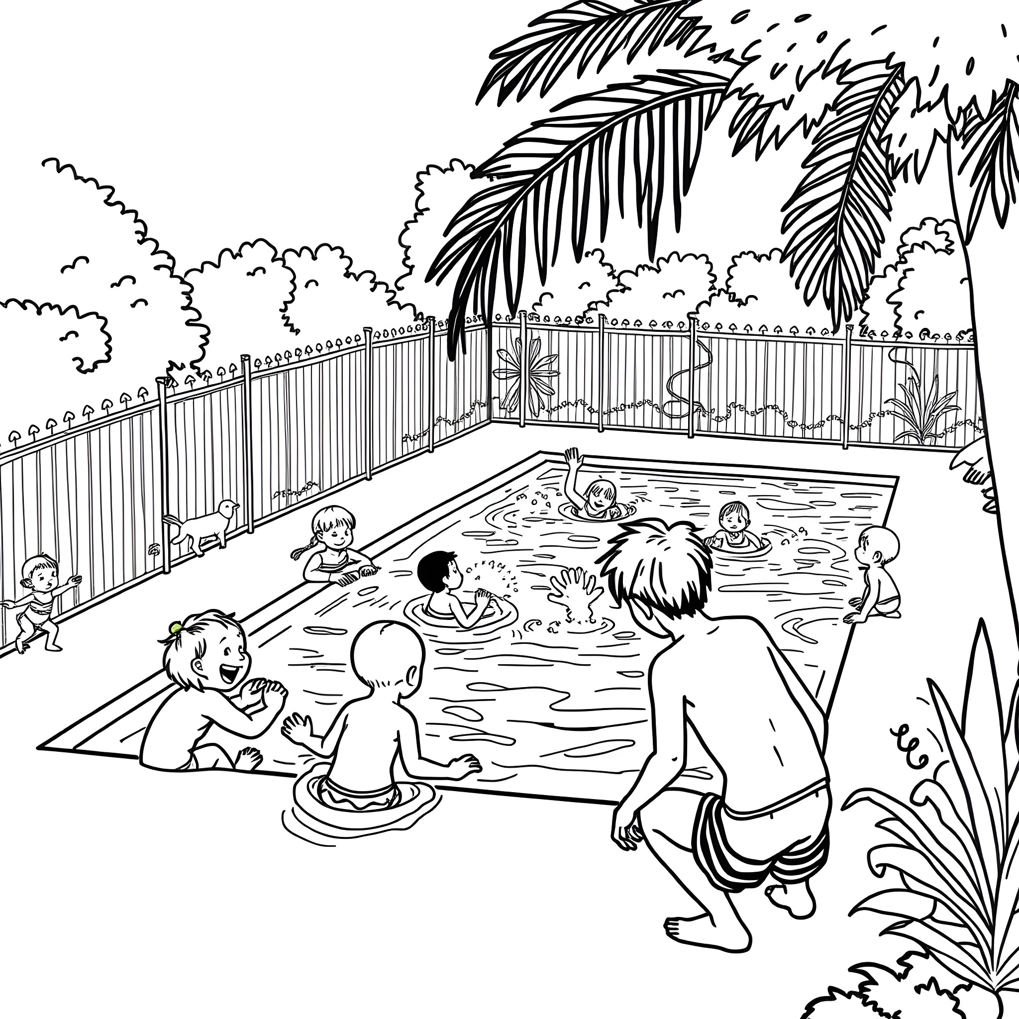 Pool fun with friends in tropical setting Coloring Page (free black-and-white line drawing printable PDF for all, from beginners to advanced learners, including children, teens, adults, and seniors)