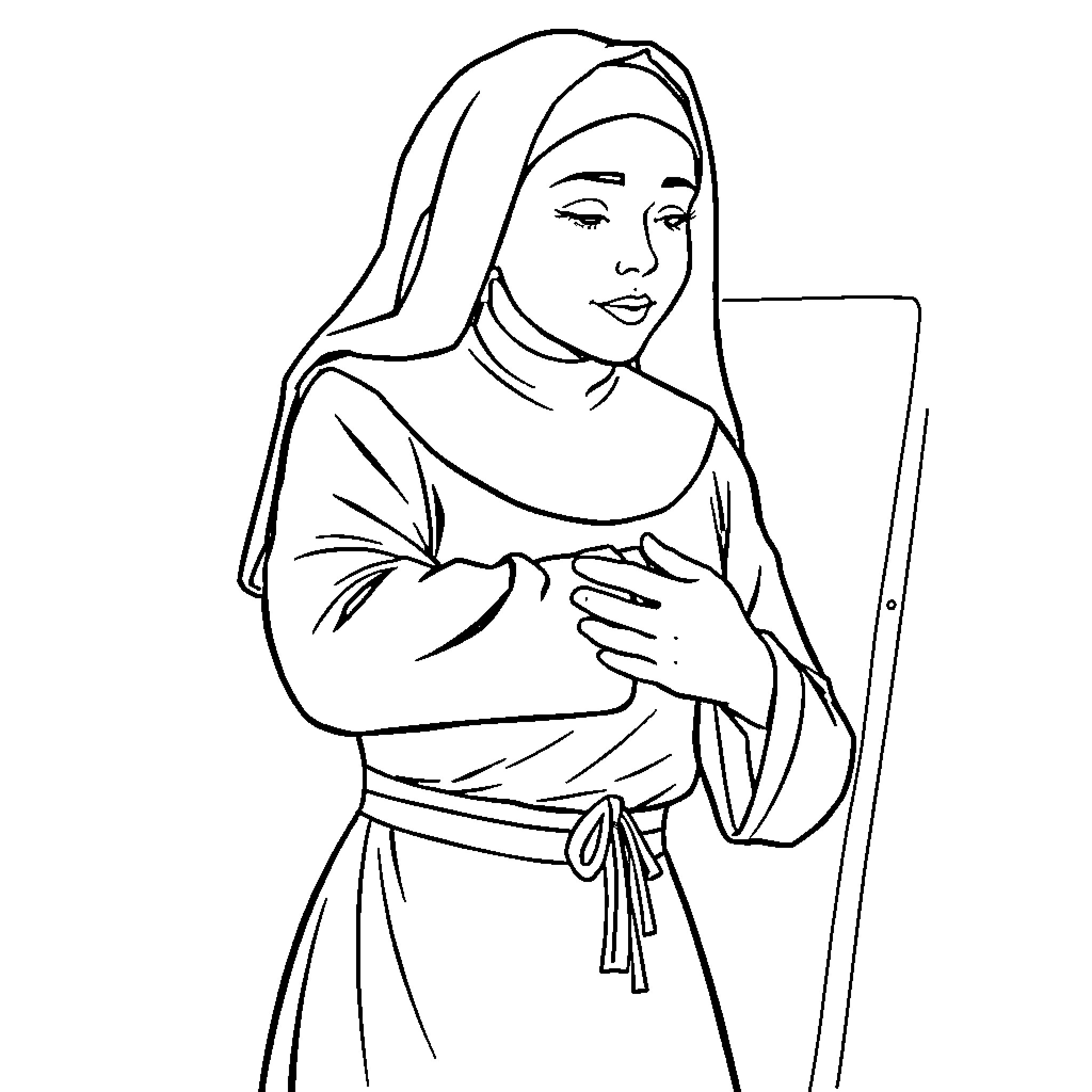 Nun in contemplative pose Coloring Page (free black-and-white line drawing printable PDF for all, from beginners to advanced learners, including children, teens, adults, and seniors)
