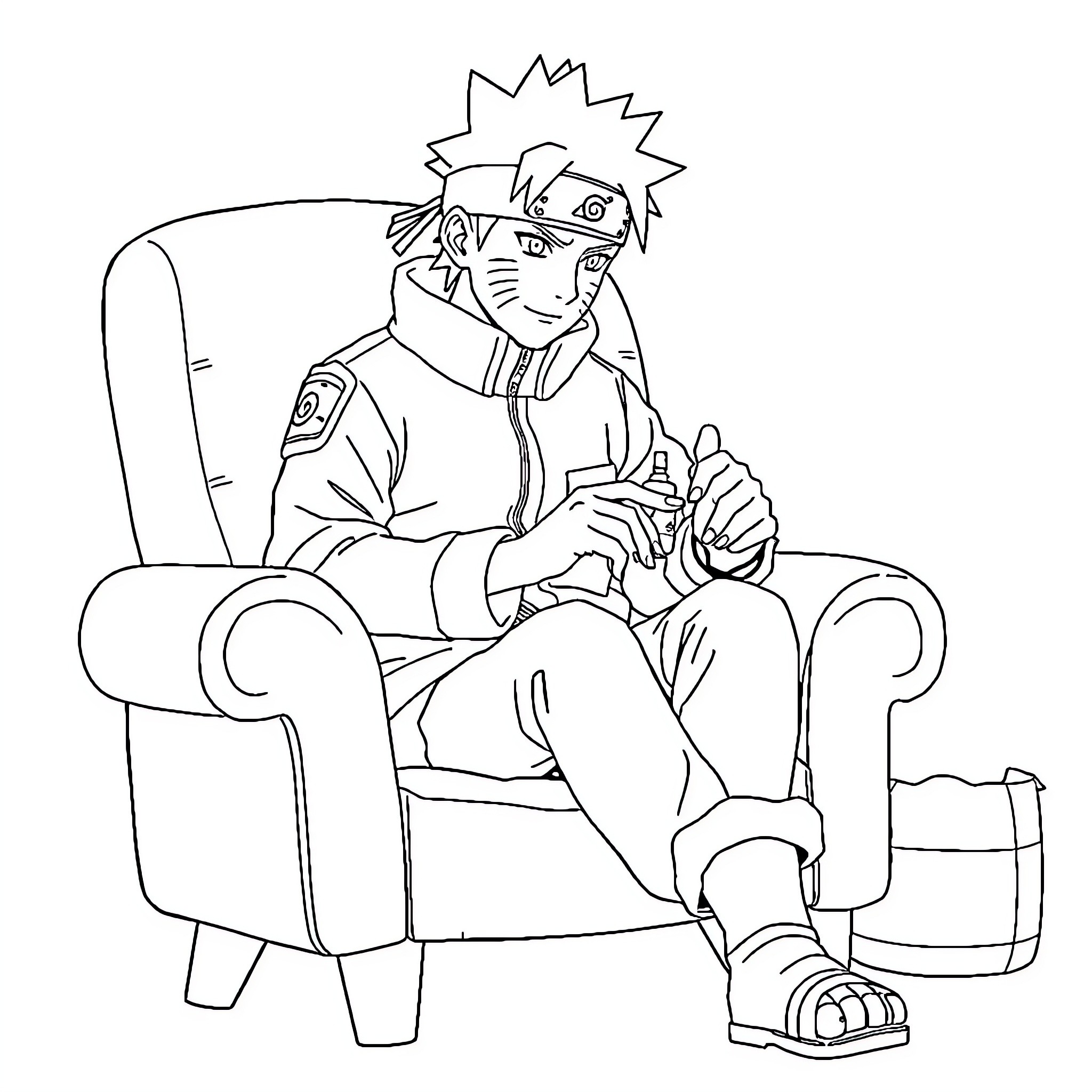 Naruto relaxing in armchair Coloring Page (free black-and-white line drawing printable PDF for all, from beginners to advanced learners, including children, teens, adults, and seniors)