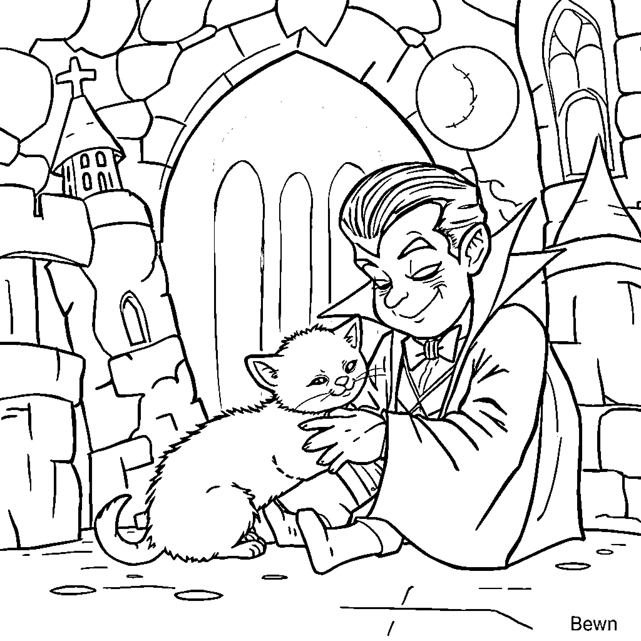 Dracula Petting a Playful Feline in a Gothic Setting Coloring Page (free black-and-white line drawing printable PDF for all, from beginners to advanced learners, including children, teens, adults, and seniors)