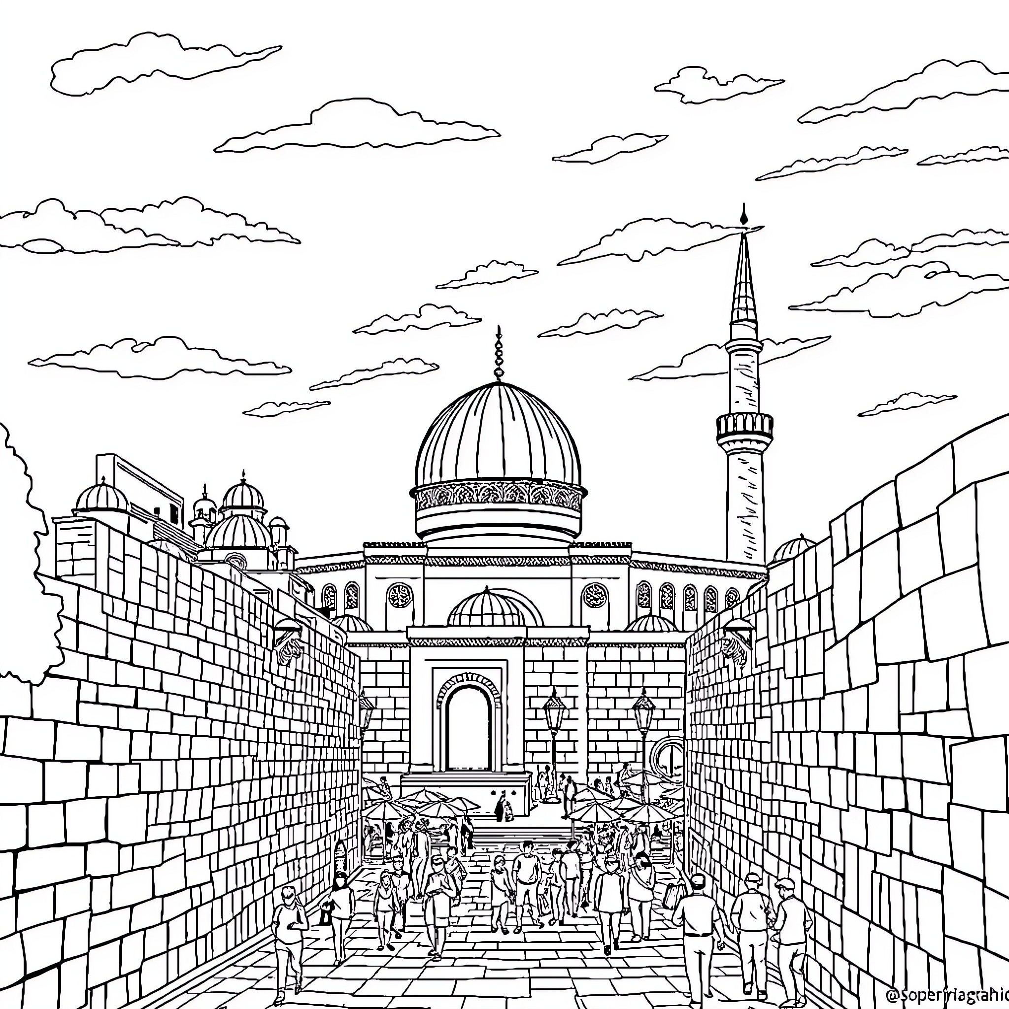 Al Aqsa Mosque: Crowded entrance with dome and minaret Coloring Page (free black-and-white line drawing printable PDF for all, from beginners to advanced learners, including children, teens, adults, and seniors)