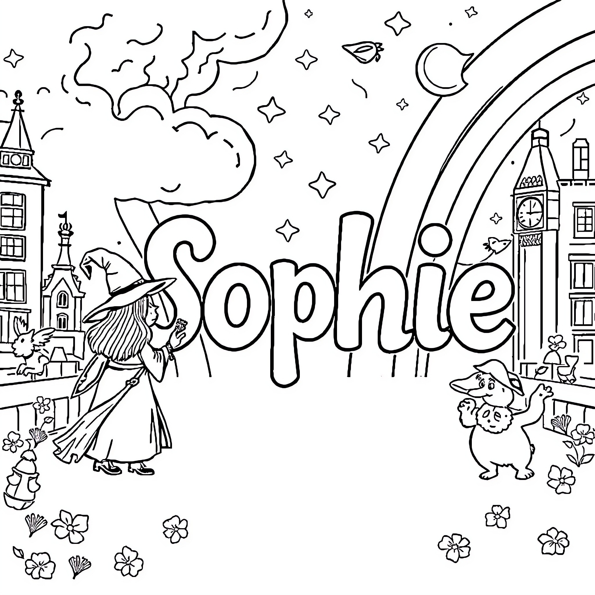 Sophie's Magical Adventure with Enchanted Creatures Coloring Page (free black-and-white line drawing printable PDF for all, from beginners to advanced learners, including children, teens, adults, and seniors)