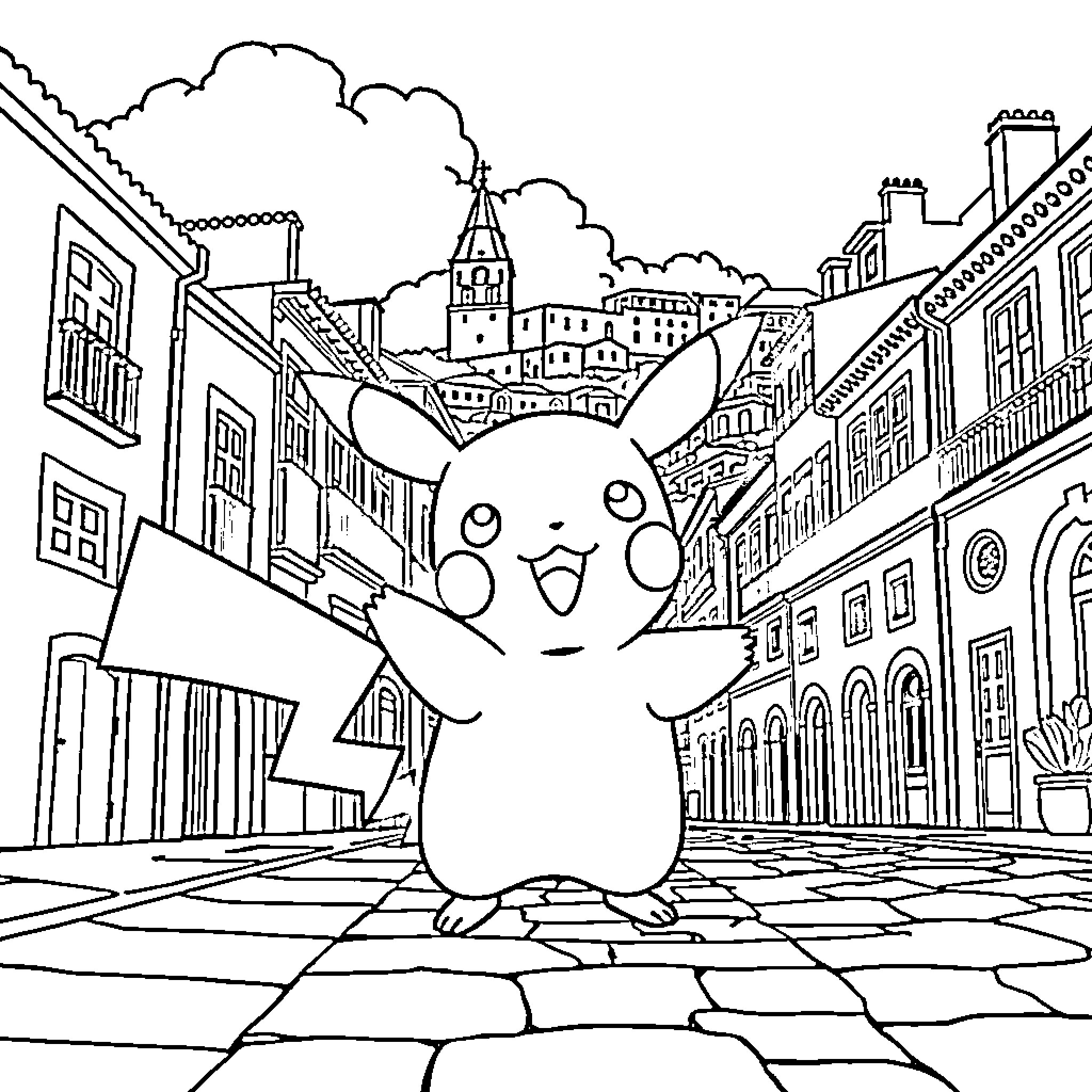 Pikachu exploring the city streets Coloring Page (free black-and-white line drawing printable PDF for all, from beginners to advanced learners, including children, teens, adults, and seniors)