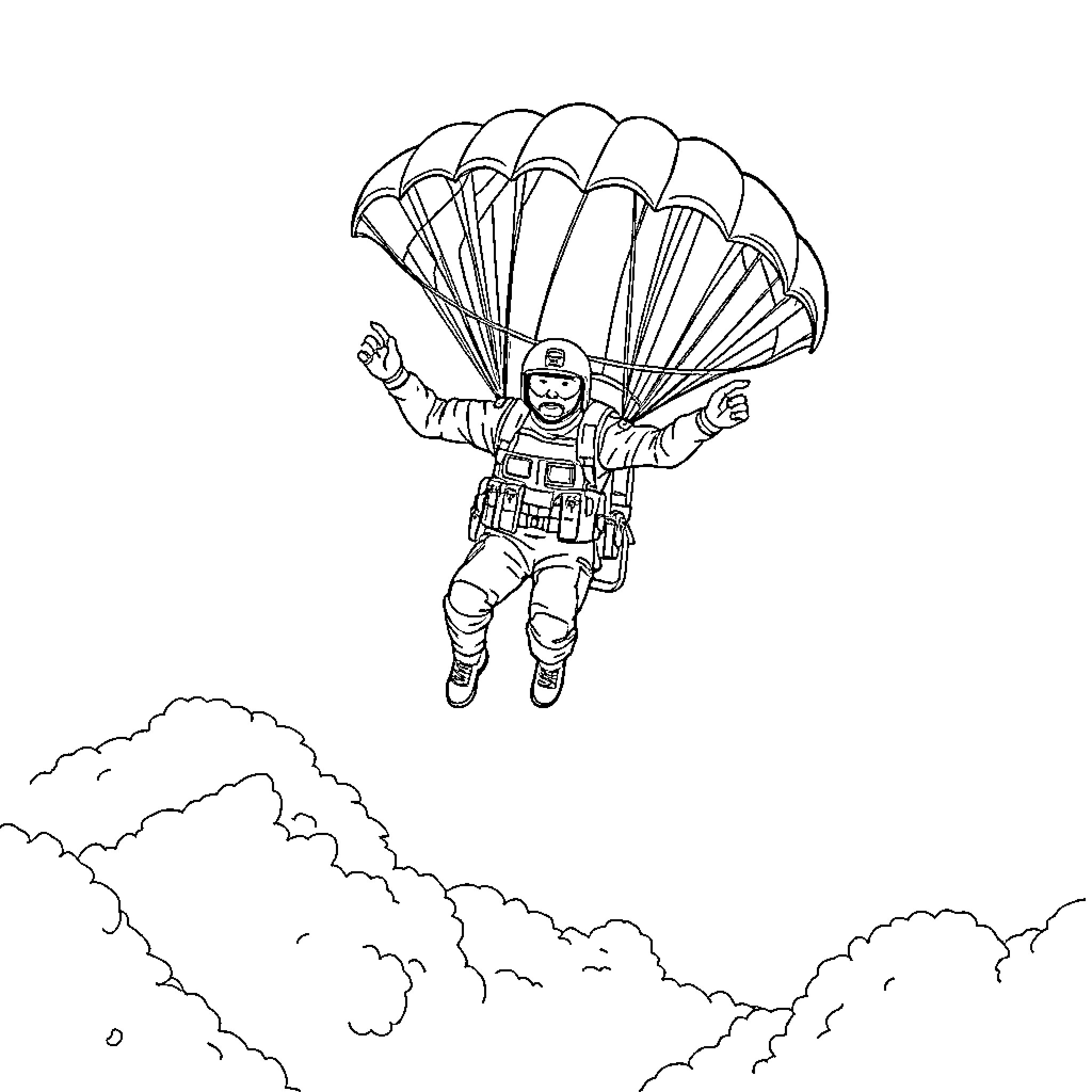 Soldier parachuting through the clouds Coloring Page (free black-and-white line drawing printable PDF for all, from beginners to advanced learners, including children, teens, adults, and seniors)