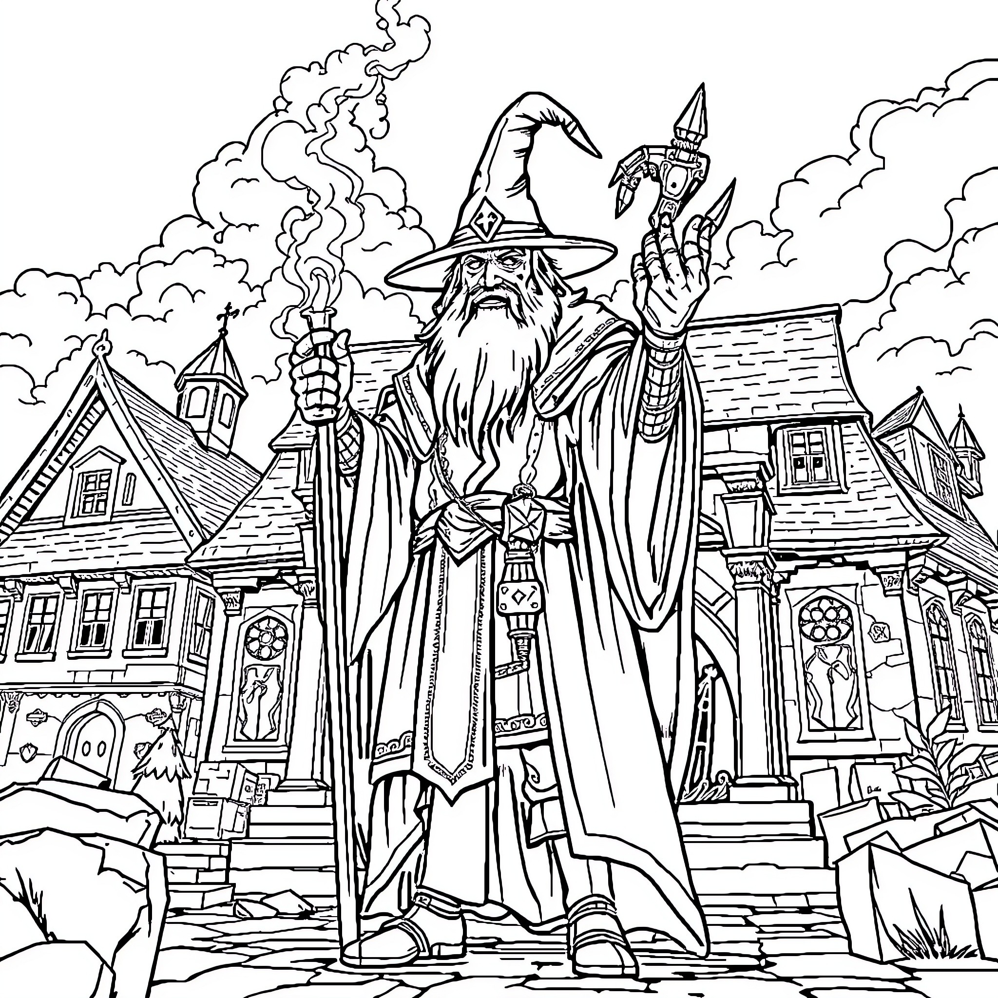 Wizard casting spells in a mysterious village Coloring Page (free black-and-white line drawing printable PDF for all, from beginners to advanced learners, including children, teens, adults, and seniors)