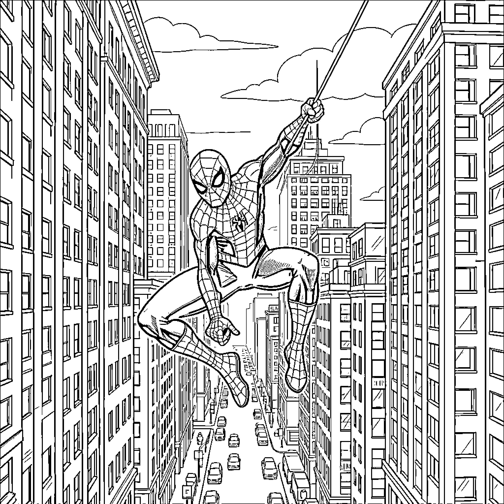 Spider-Man swinging through a busy city street Coloring Page (free black-and-white line drawing printable PDF for all, from beginners to advanced learners, including children, teens, adults, and seniors)