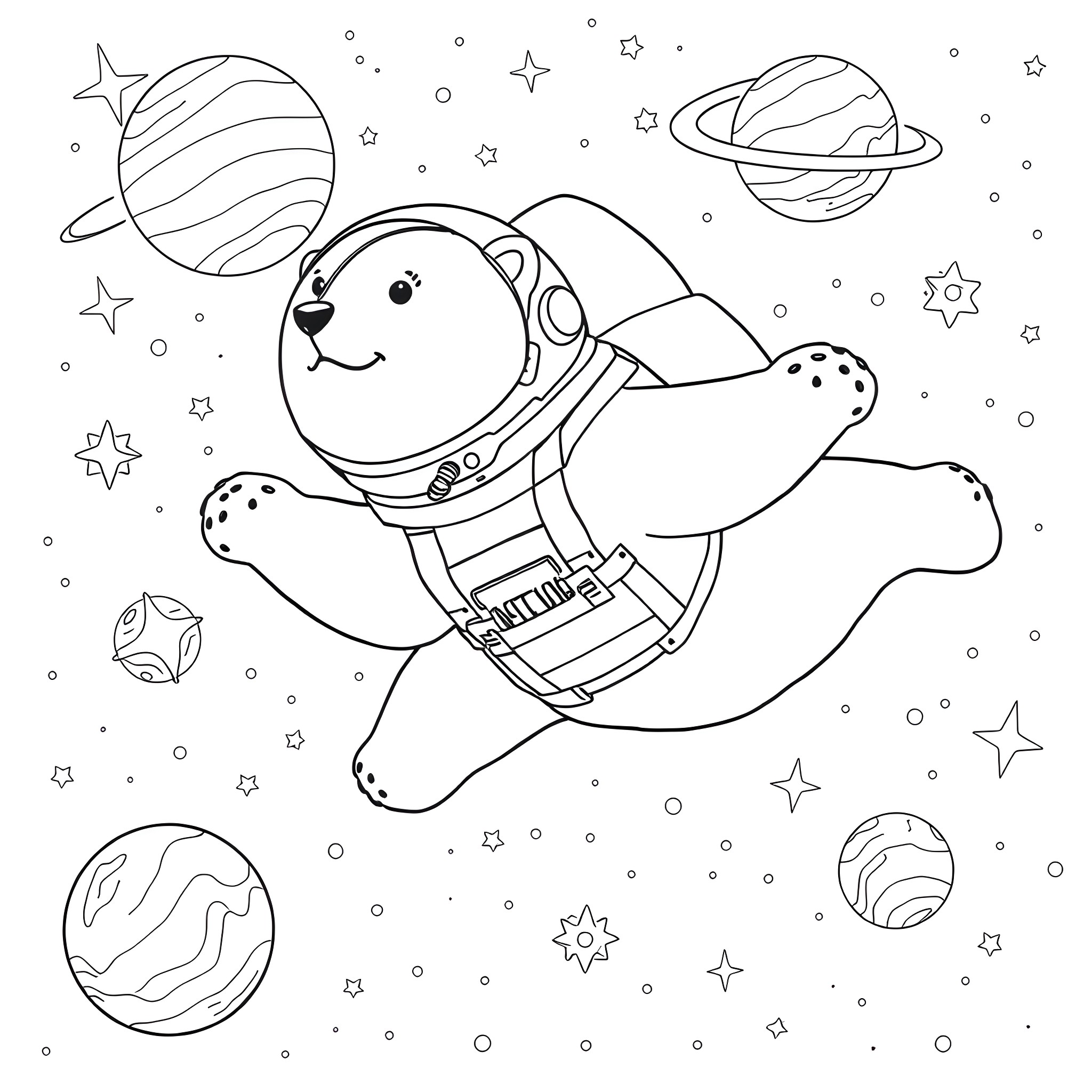 Polar Bear Astronaut Exploring the Galaxy Coloring Page (free black-and-white line drawing printable PDF for all, from beginners to advanced learners, including children, teens, adults, and seniors)