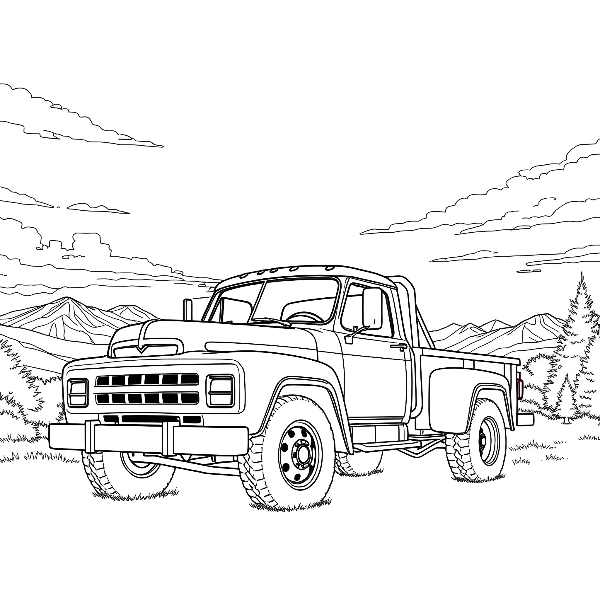 Truck navigating rugged mountain terrain Coloring Page (free black-and-white line drawing printable PDF for all, from beginners to advanced learners, including children, teens, adults, and seniors)