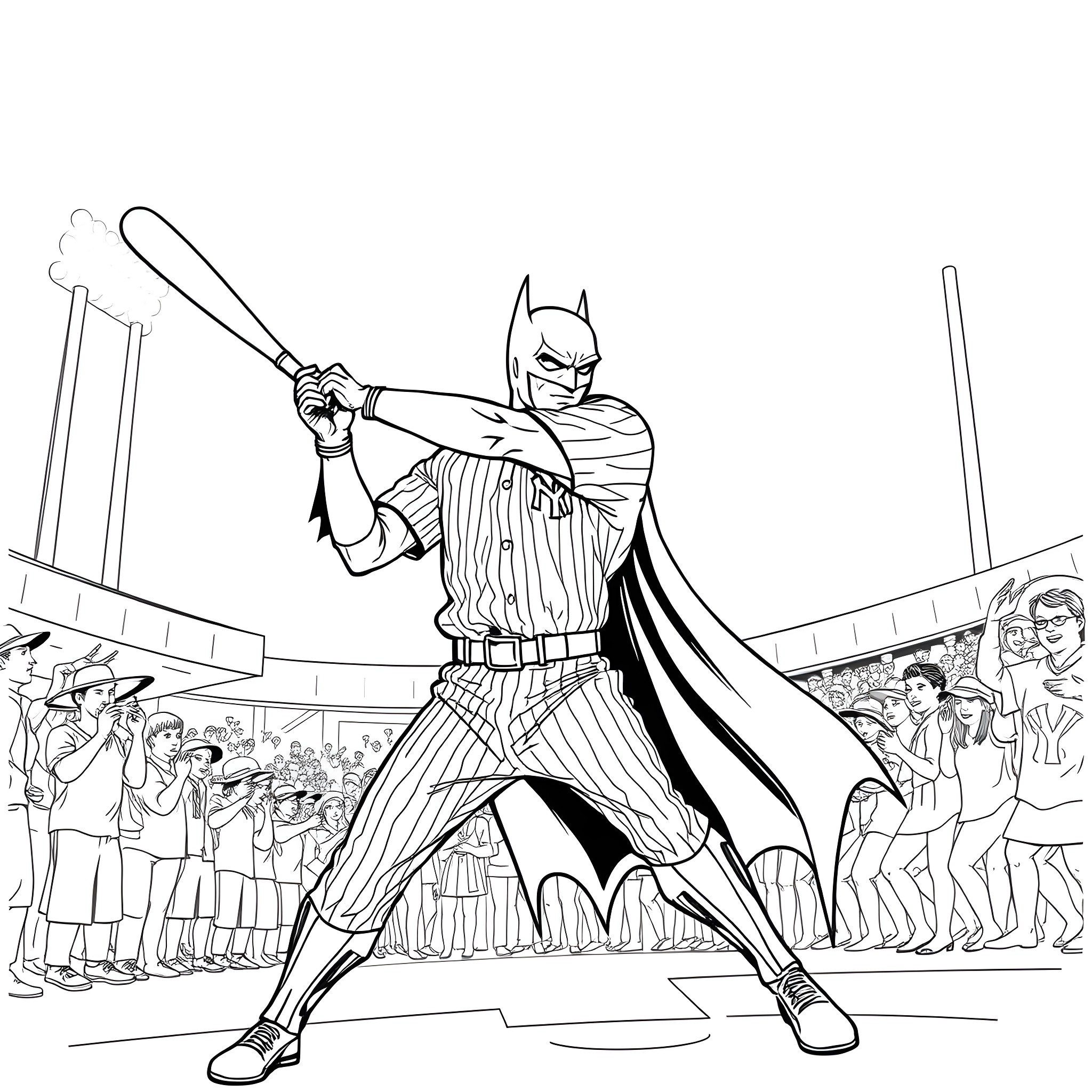 Batman Batting at Baseball Game Coloring Page (free black-and-white line drawing printable PDF for all, from beginners to advanced learners, including children, teens, adults, and seniors)