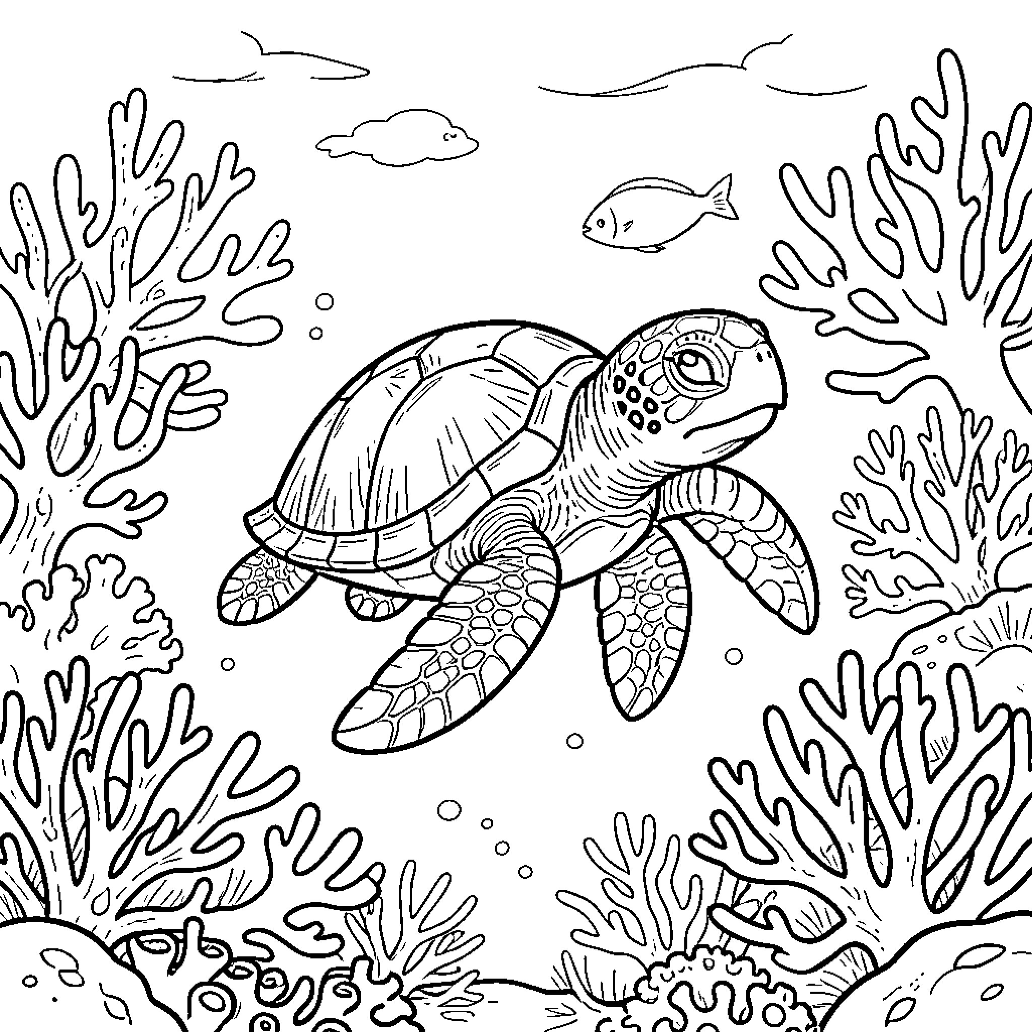 Baby Sea Turtle swimming through a coral reef Coloring Page (free black-and-white line drawing printable PDF for all, from beginners to advanced learners, including children, teens, adults, and seniors)