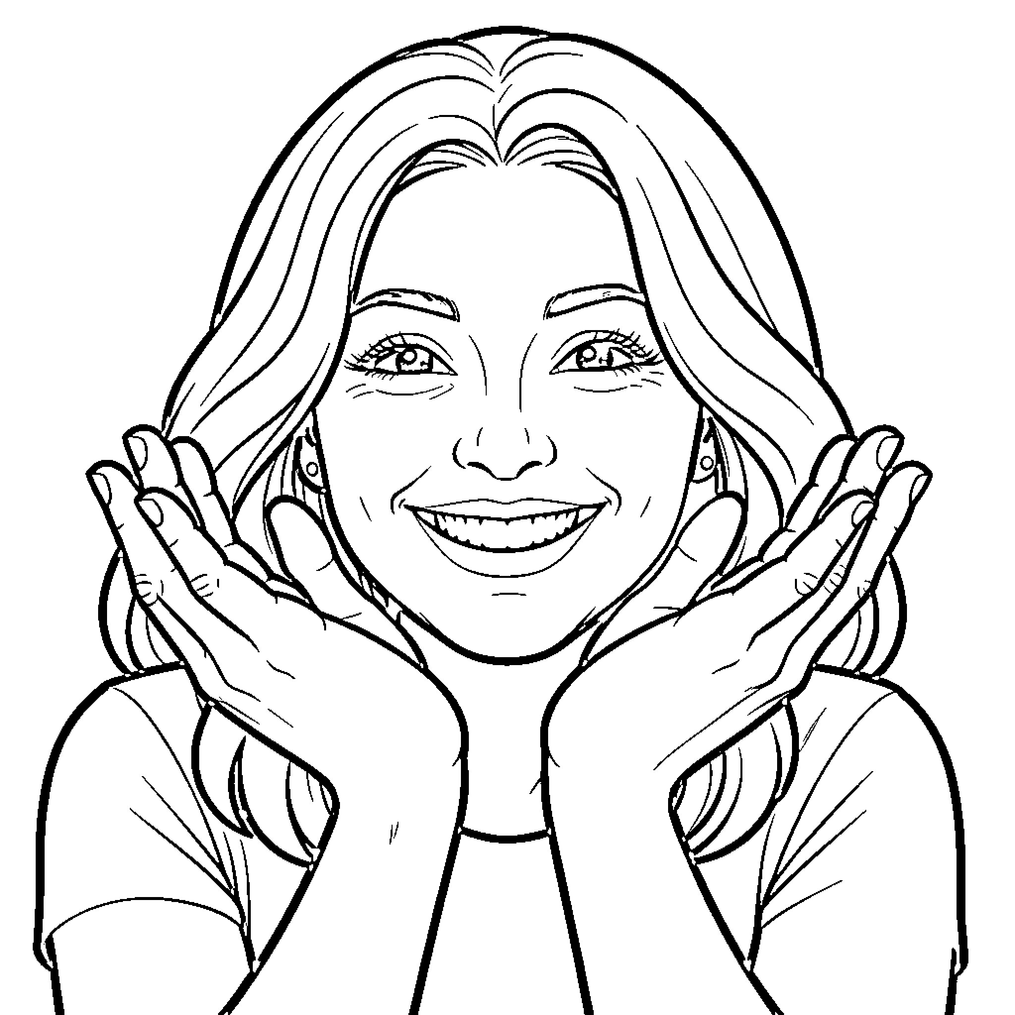 Mama smiling joyfully with hands cupping face Coloring Page (free black-and-white line drawing printable PDF for all, from beginners to advanced learners, including children, teens, adults, and seniors)