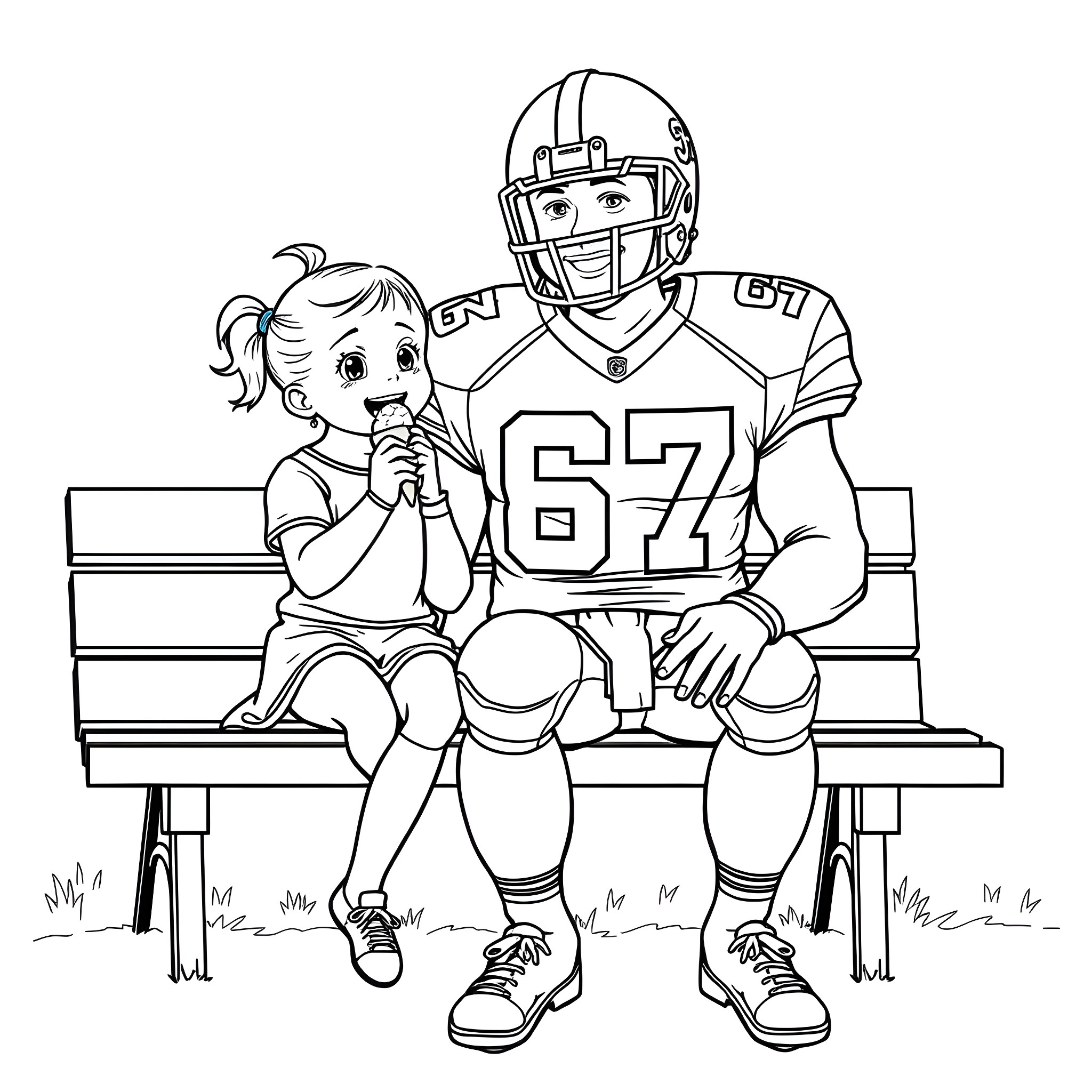 Man with young girl sitting on bench Coloring Page (free black-and-white line drawing printable PDF for all, from beginners to advanced learners, including children, teens, adults, and seniors)