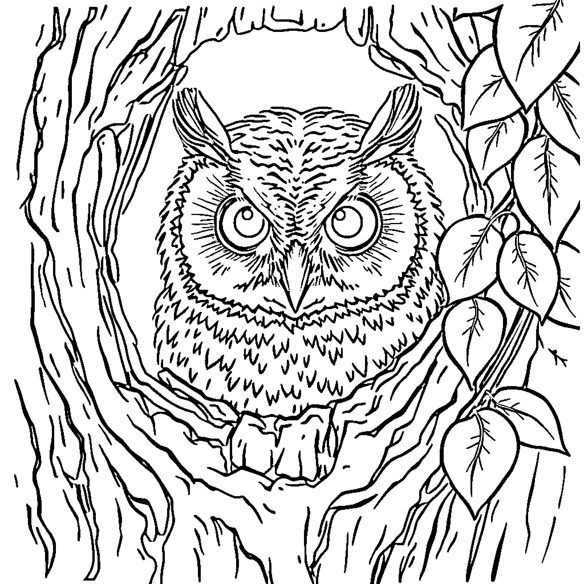 Owl in the forest Coloring Page (free black-and-white line drawing printable PDF for all, from beginners to advanced learners, including children, teens, adults, and seniors)