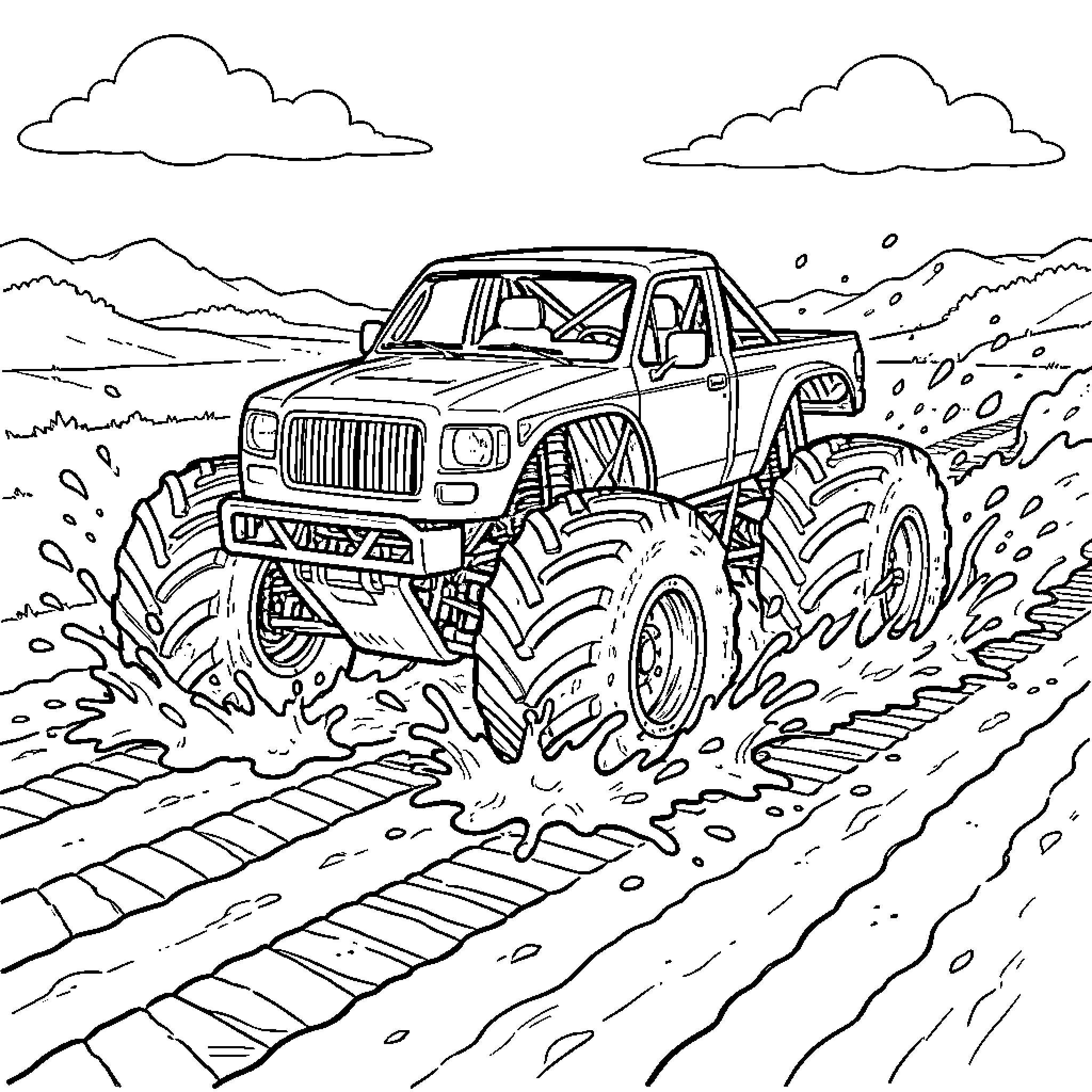 Monster Truck Navigating Rugged Terrain Coloring Page (free black-and-white line drawing printable PDF for all, from beginners to advanced learners, including children, teens, adults, and seniors)