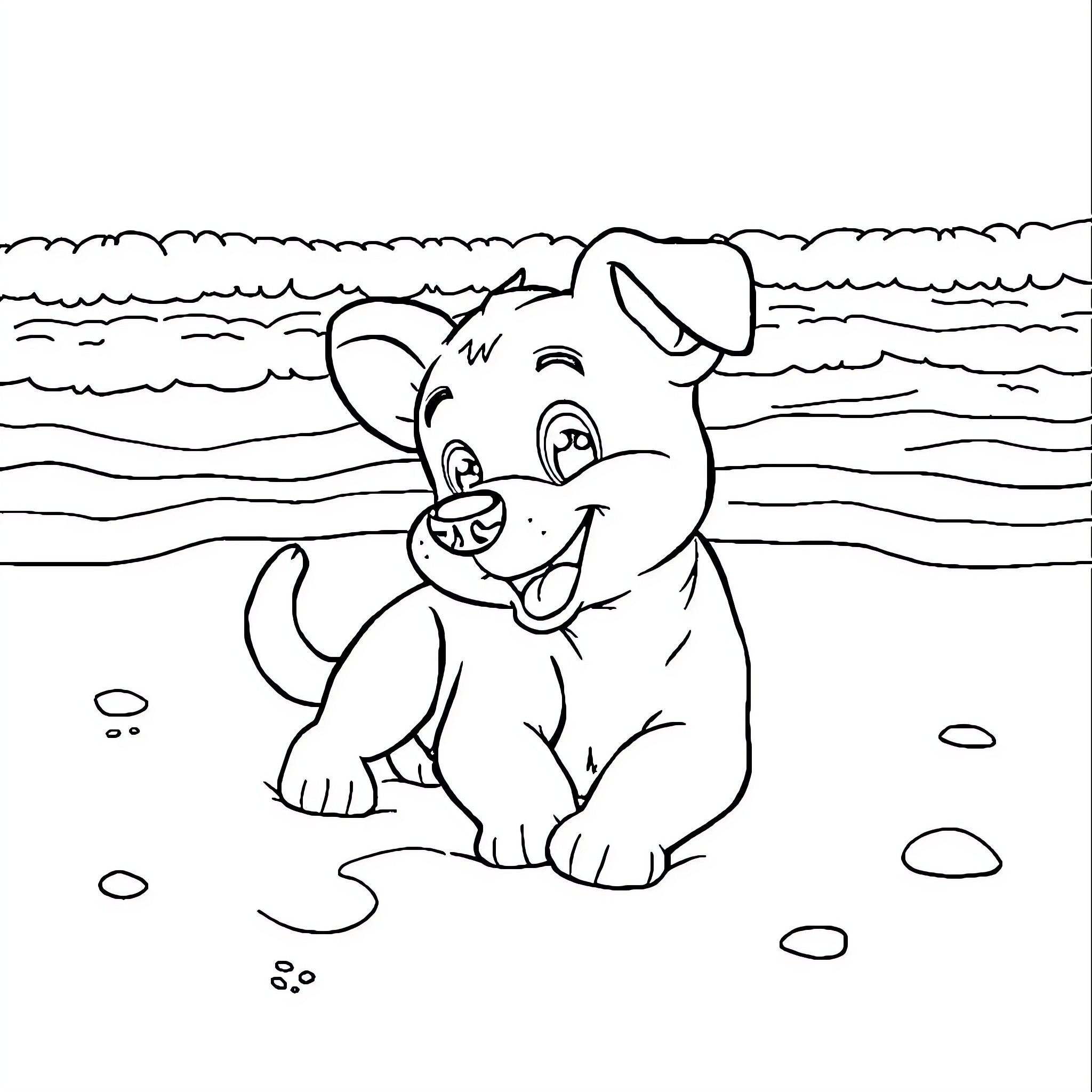 Bluey playing happily at the beach Coloring Page (free black-and-white line drawing printable PDF for all, from beginners to advanced learners, including children, teens, adults, and seniors)