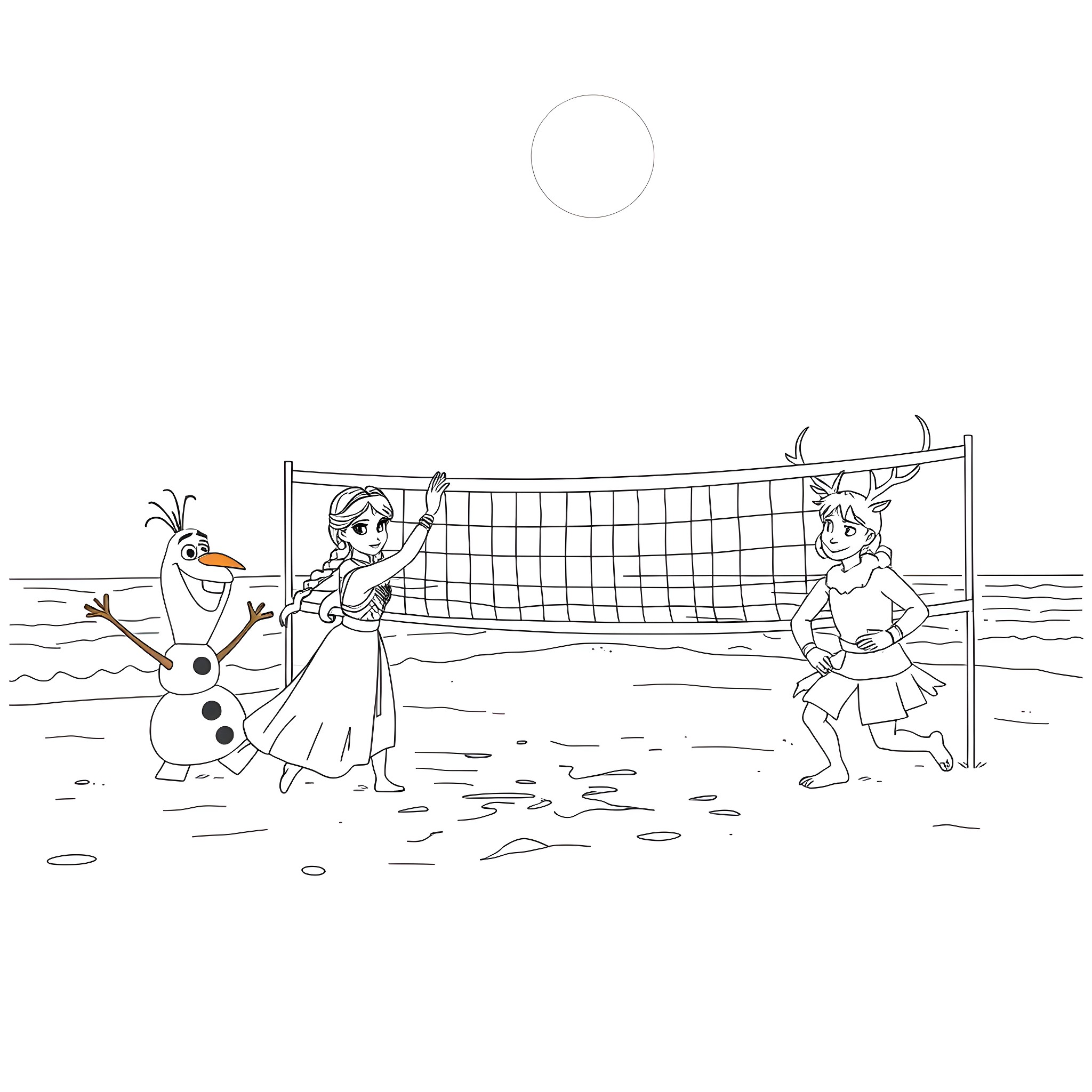 Olaf playing volleyball with friends on the beach Coloring Page (free black-and-white line drawing printable PDF for all, from beginners to advanced learners, including children, teens, adults, and seniors)
