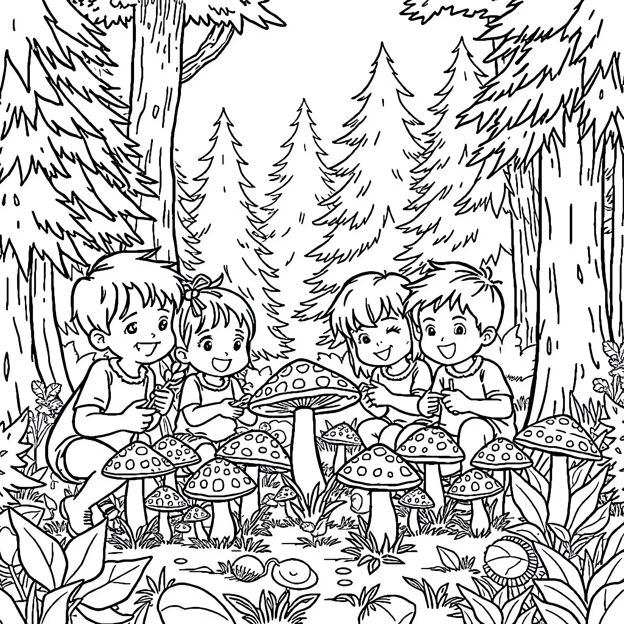 Kids playing in the magical forest Coloring Page (free black-and-white line drawing printable PDF for all, from beginners to advanced learners, including children, teens, adults, and seniors)