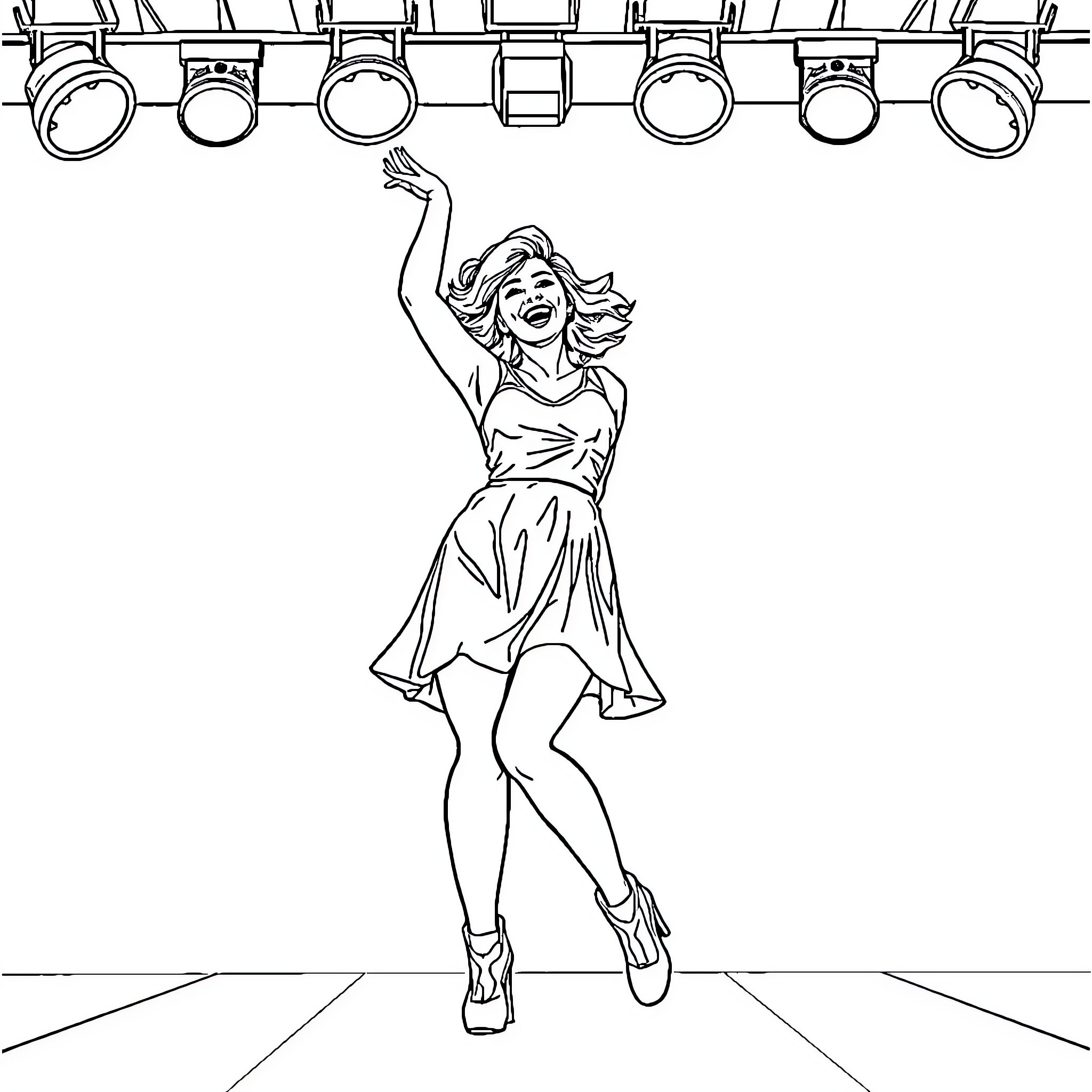 Miley Cyrus performing on stage with energy Coloring Page (free black-and-white line drawing printable PDF for all, from beginners to advanced learners, including children, teens, adults, and seniors)