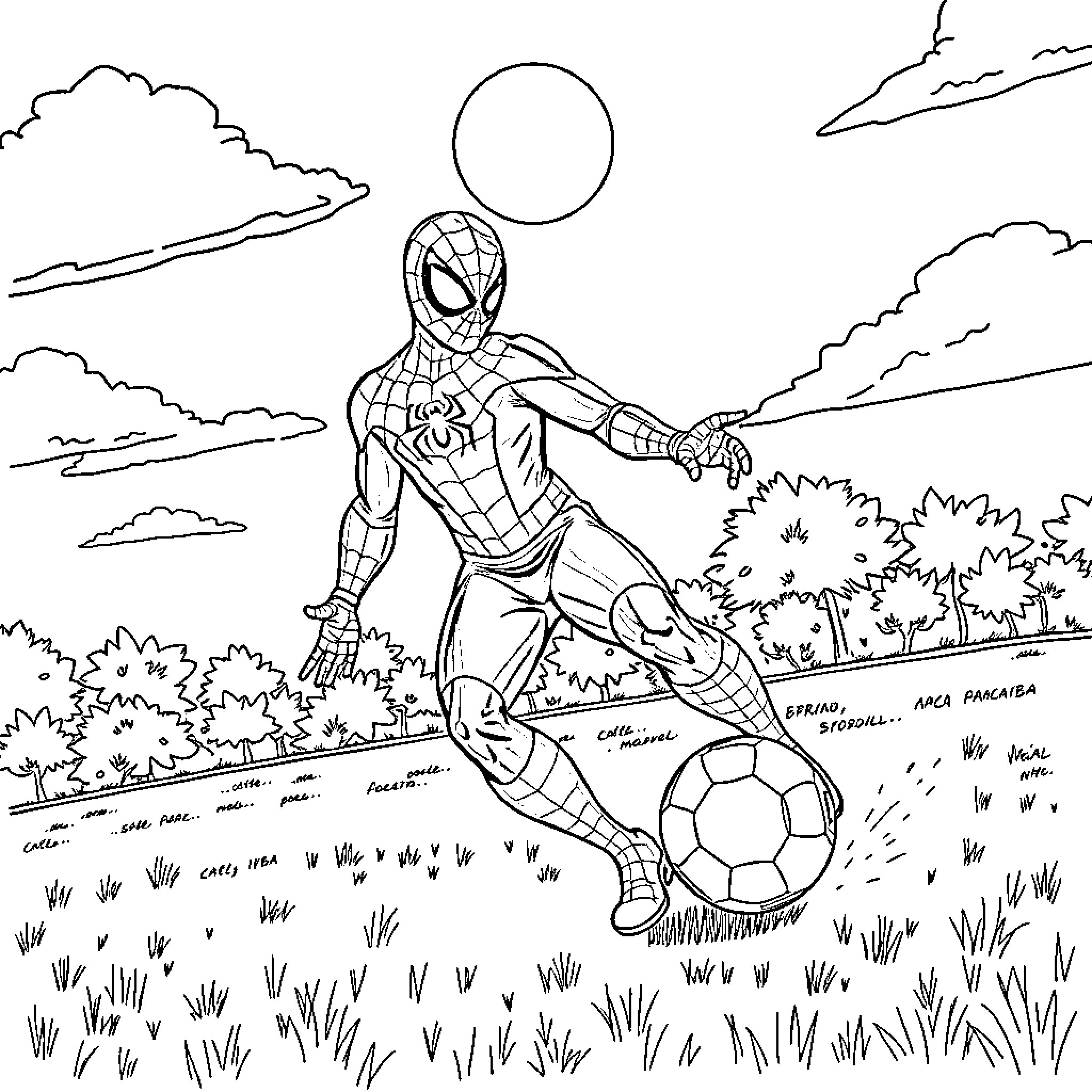 Spiderman playing soccer in the park Coloring Page (free black-and-white line drawing printable PDF for all, from beginners to advanced learners, including children, teens, adults, and seniors)