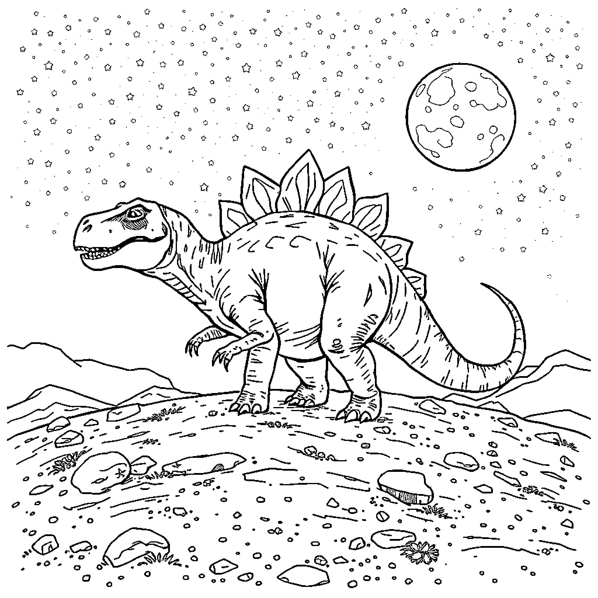 Stegosaurus roaming under the starry night sky Coloring Page (free black-and-white line drawing printable PDF for all, from beginners to advanced learners, including children, teens, adults, and seniors)