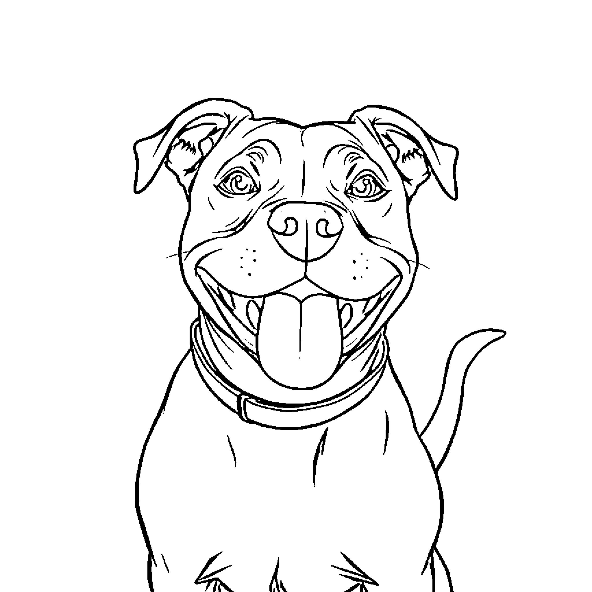 Pit Bull Smiling Happily Coloring Page (free black-and-white line drawing printable PDF for all, from beginners to advanced learners, including children, teens, adults, and seniors)