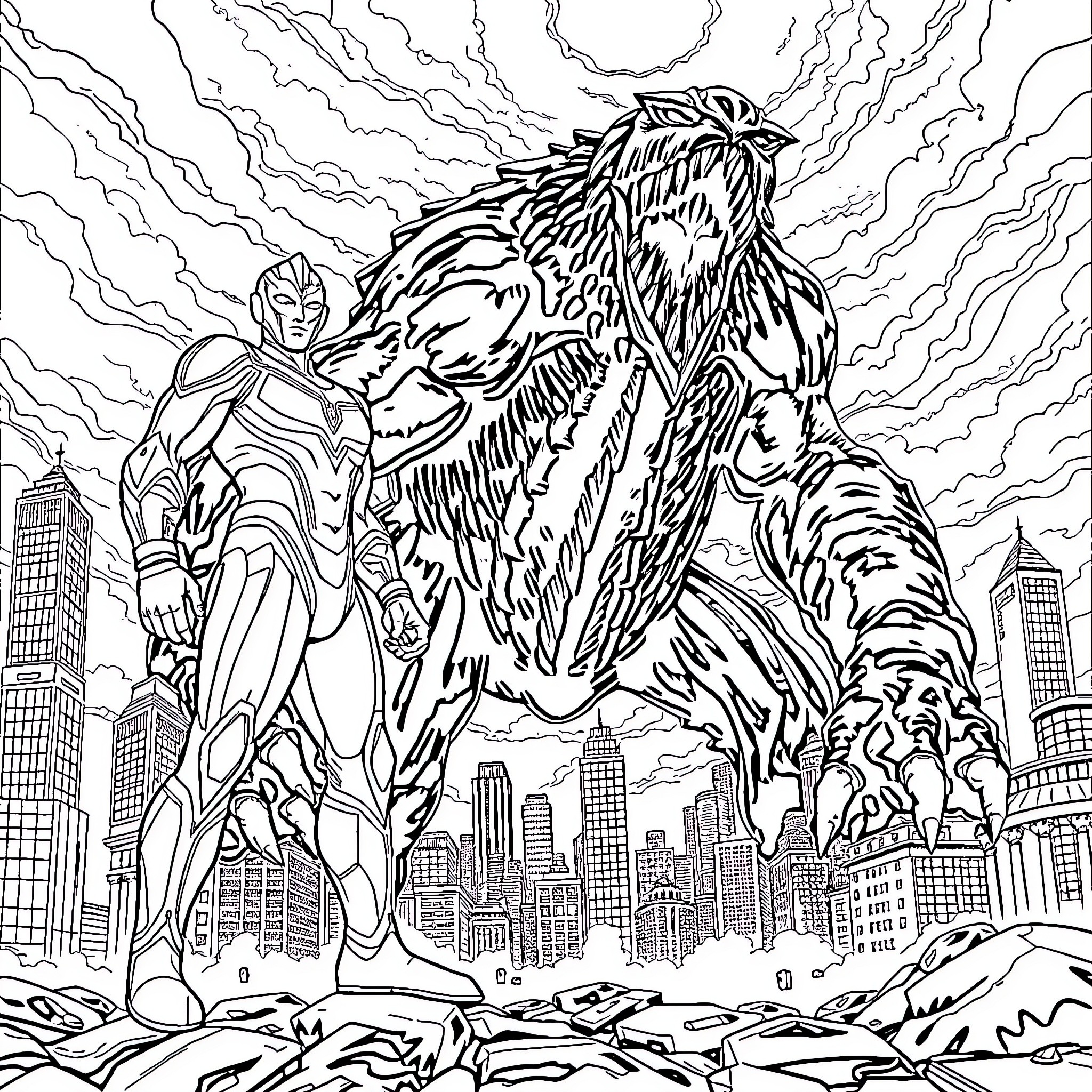 Ultraman battling a giant monster over the city Coloring Page (free black-and-white line drawing printable PDF for all, from beginners to advanced learners, including children, teens, adults, and seniors)