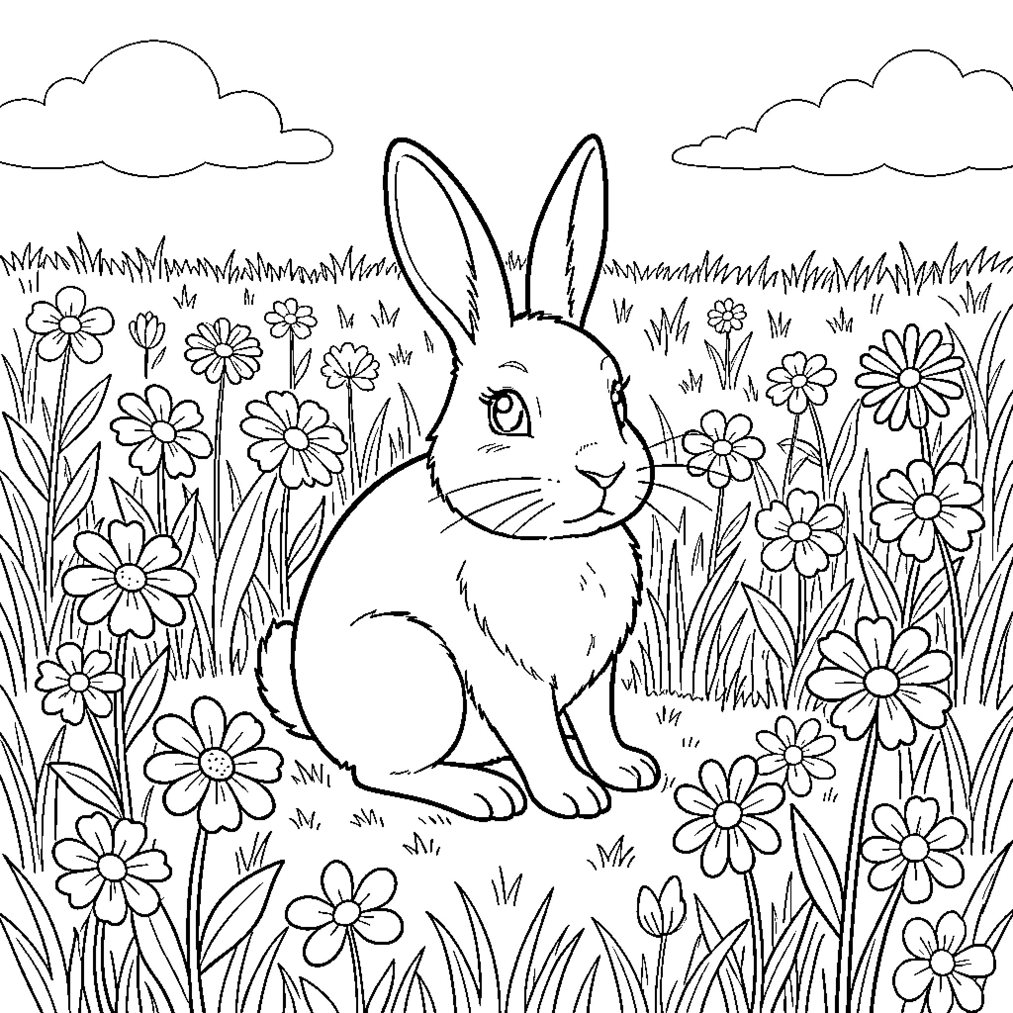 Rabbit sitting peacefully amidst a field of flowers Coloring Page (free black-and-white line drawing printable PDF for all, from beginners to advanced learners, including children, teens, adults, and seniors)