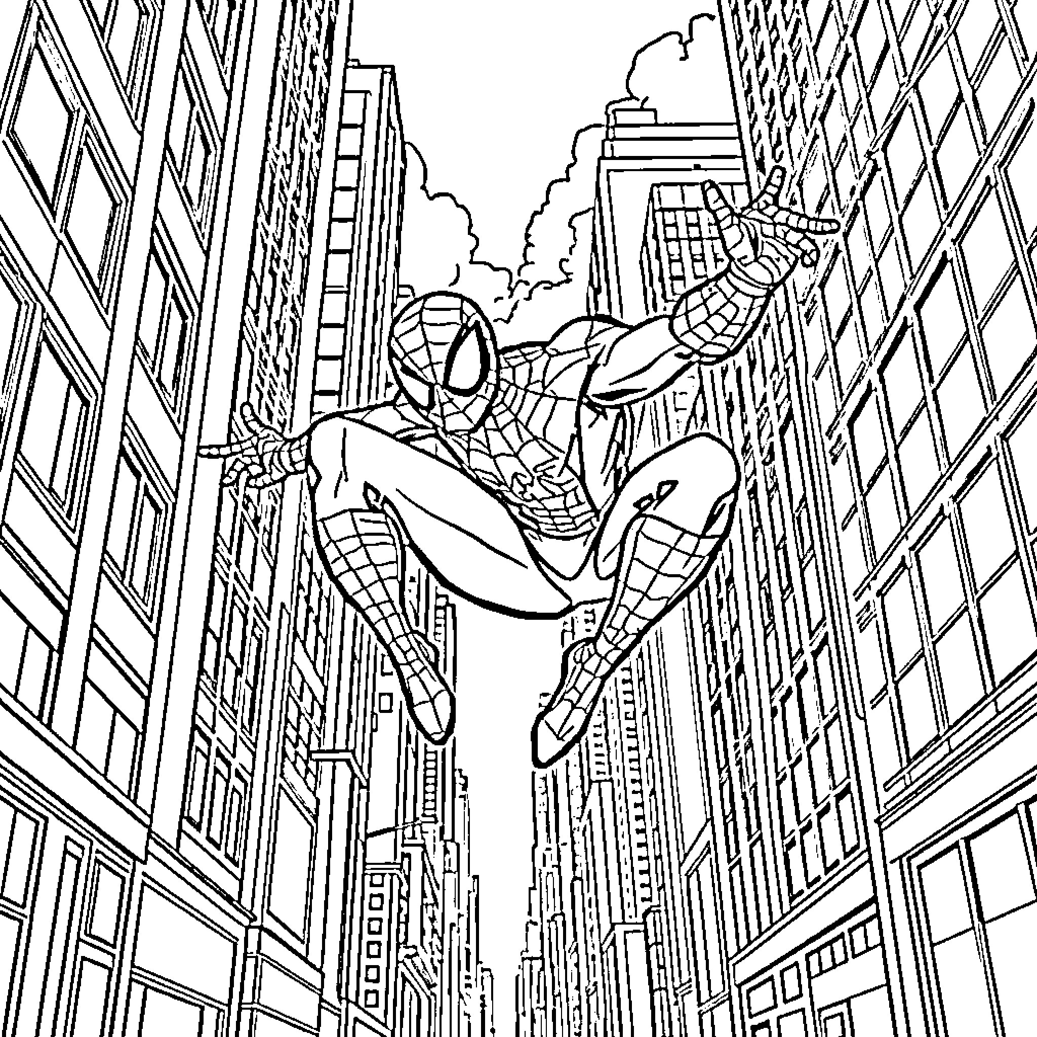 Spider-Man swinging through the city streets Coloring Page (free black-and-white line drawing printable PDF for all, from beginners to advanced learners, including children, teens, adults, and seniors)