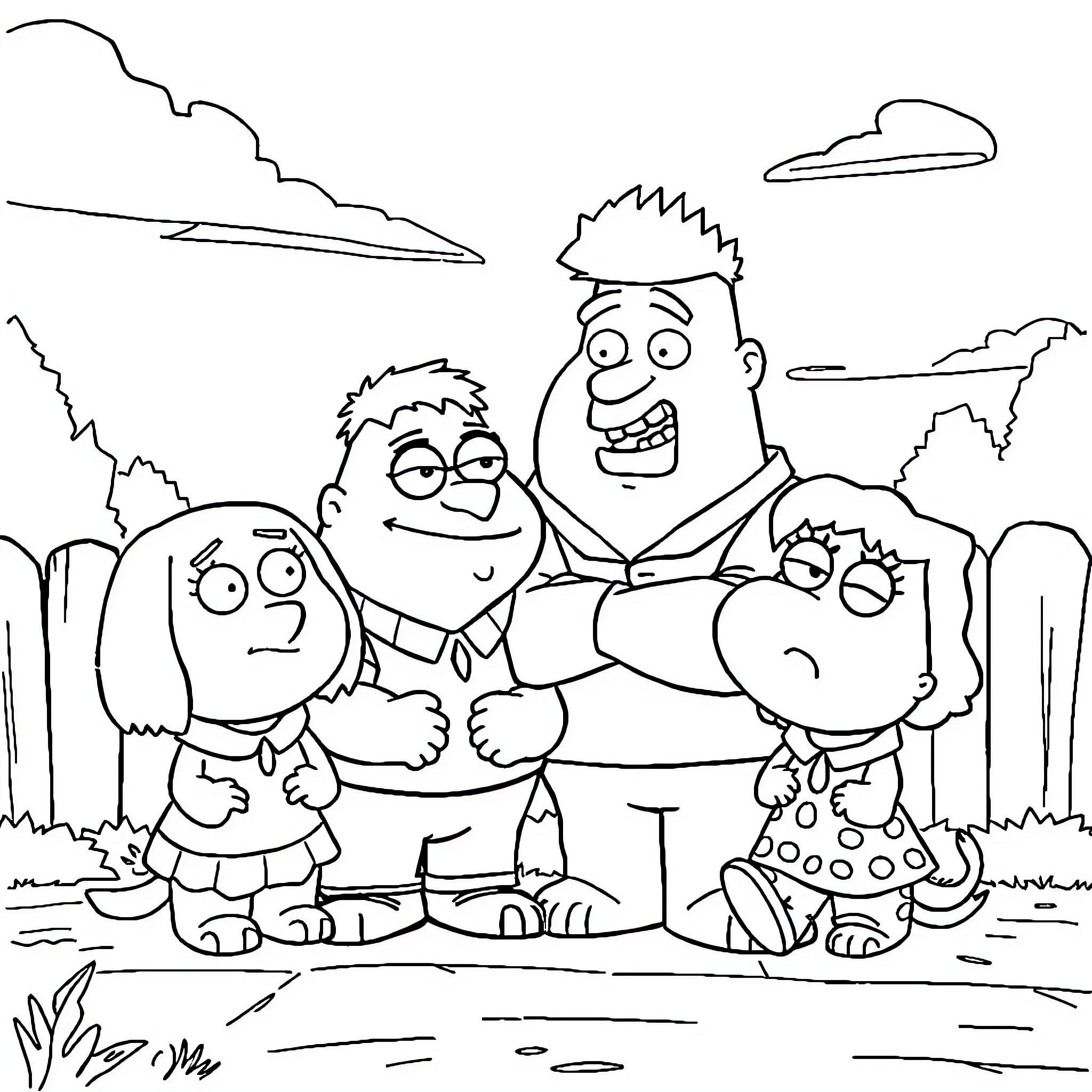 Family Guy Cartoon Characters in Scenic Outdoor Setting Coloring Page (free black-and-white line drawing printable PDF for all, from beginners to advanced learners, including children, teens, adults, and seniors)