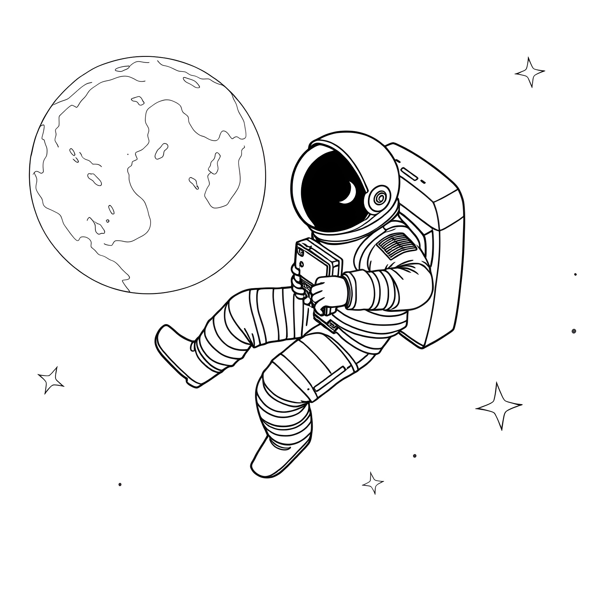 Astronaut exploring the vastness of space Coloring Page (free black-and-white line drawing printable PDF for all, from beginners to advanced learners, including children, teens, adults, and seniors)