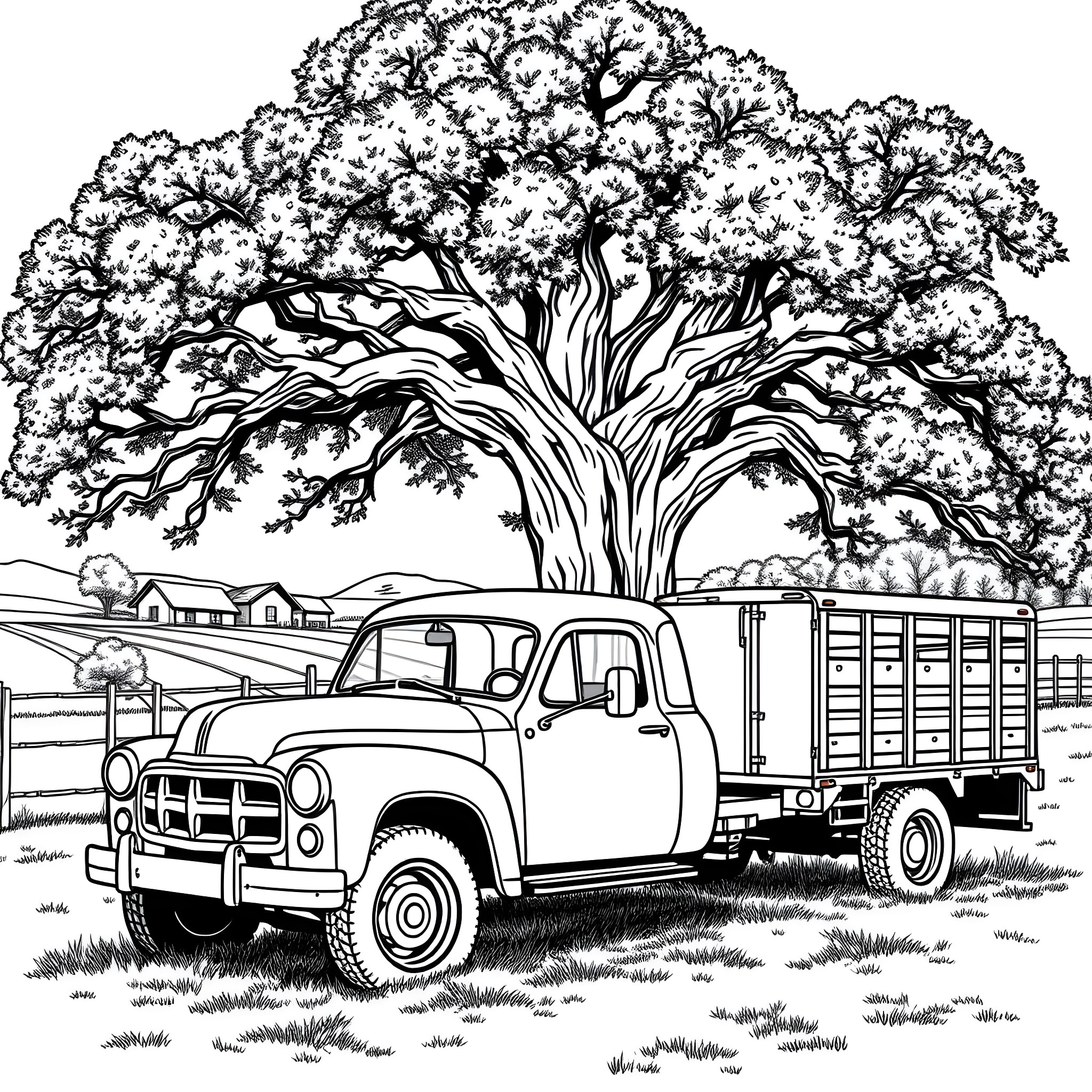 Pickup Truck Transporting Goods Under Large Tree Coloring Page (free black-and-white line drawing printable PDF for all, from beginners to advanced learners, including children, teens, adults, and seniors)