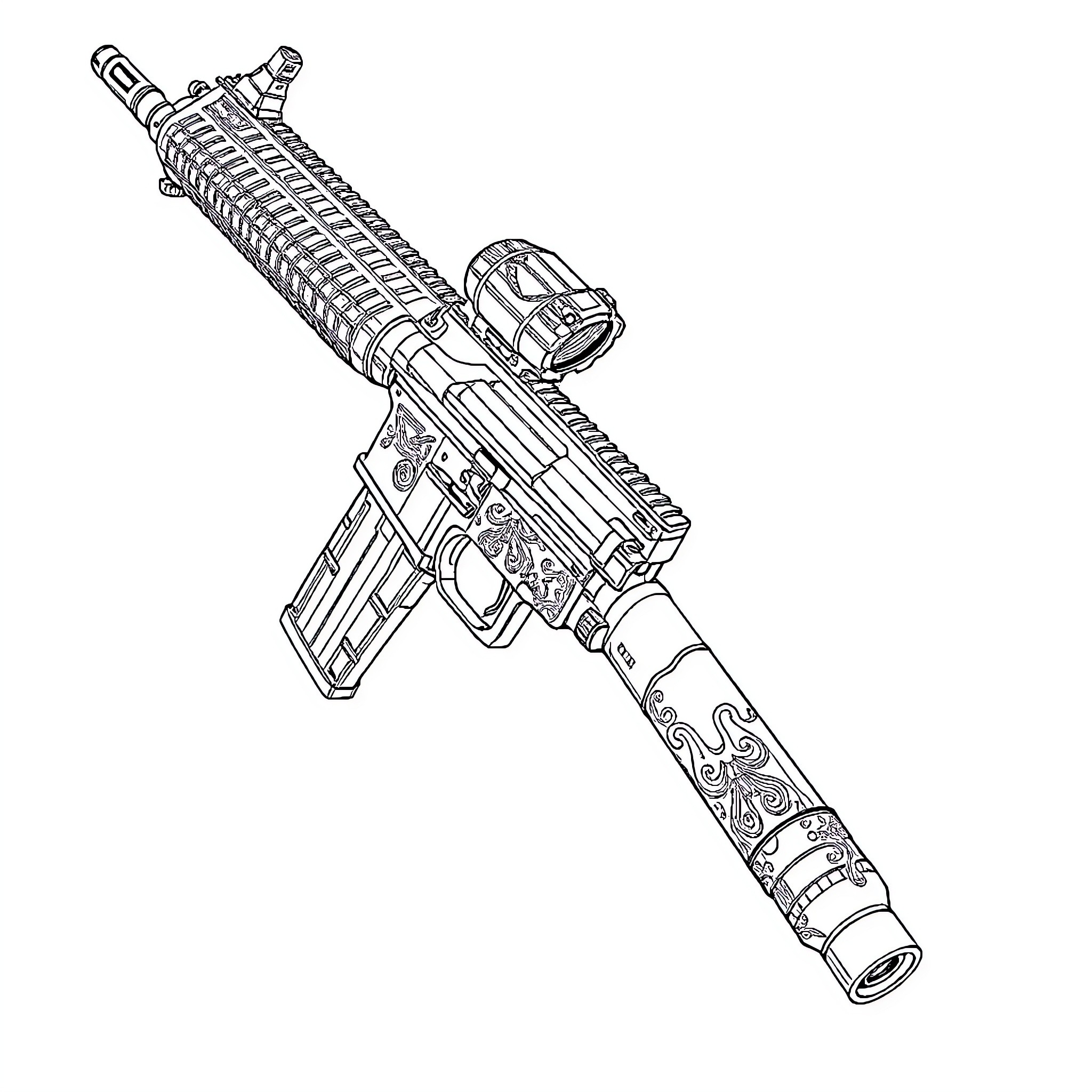 Ar-15 Assault Rifle with Detailed Tactical Accessories Coloring Page (free black-and-white line drawing printable PDF for all, from beginners to advanced learners, including children, teens, adults, and seniors)