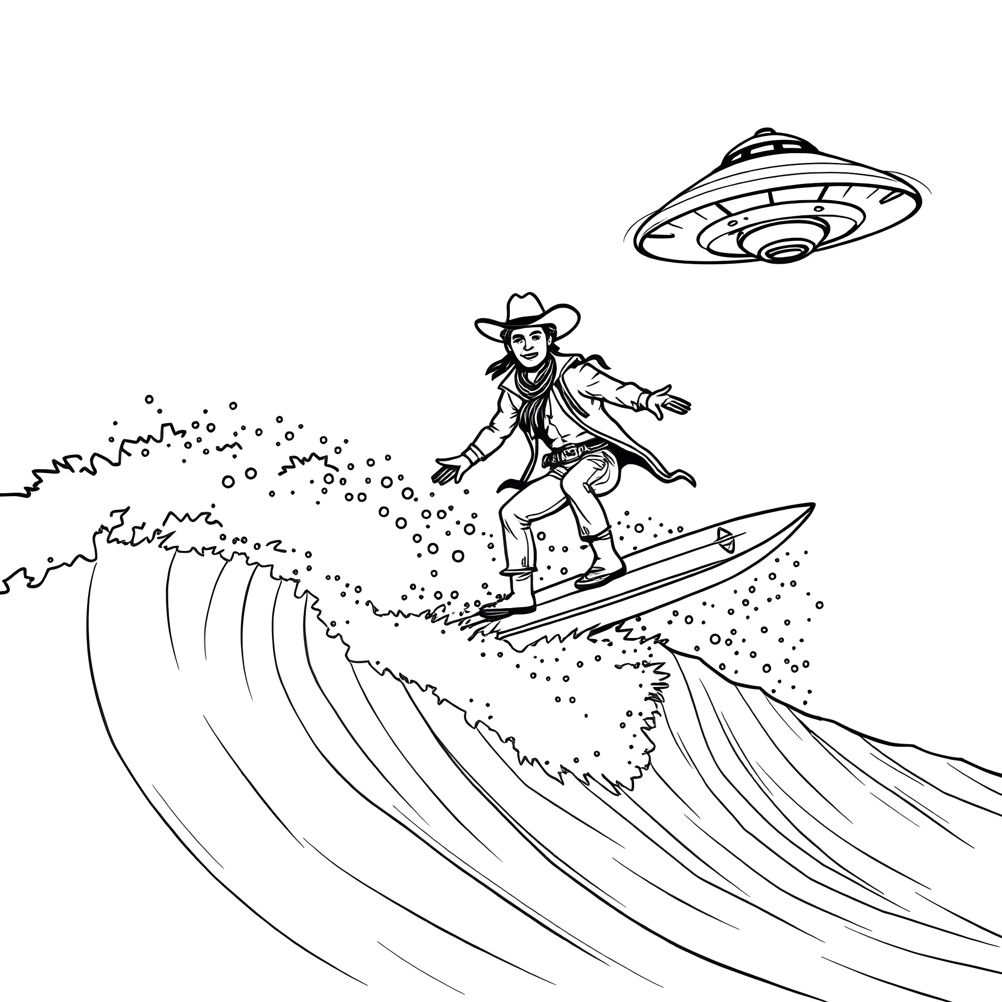 Cowboy surfing on a wave with a UFO Coloring Page (free black-and-white line drawing printable PDF for all, from beginners to advanced learners, including children, teens, adults, and seniors)