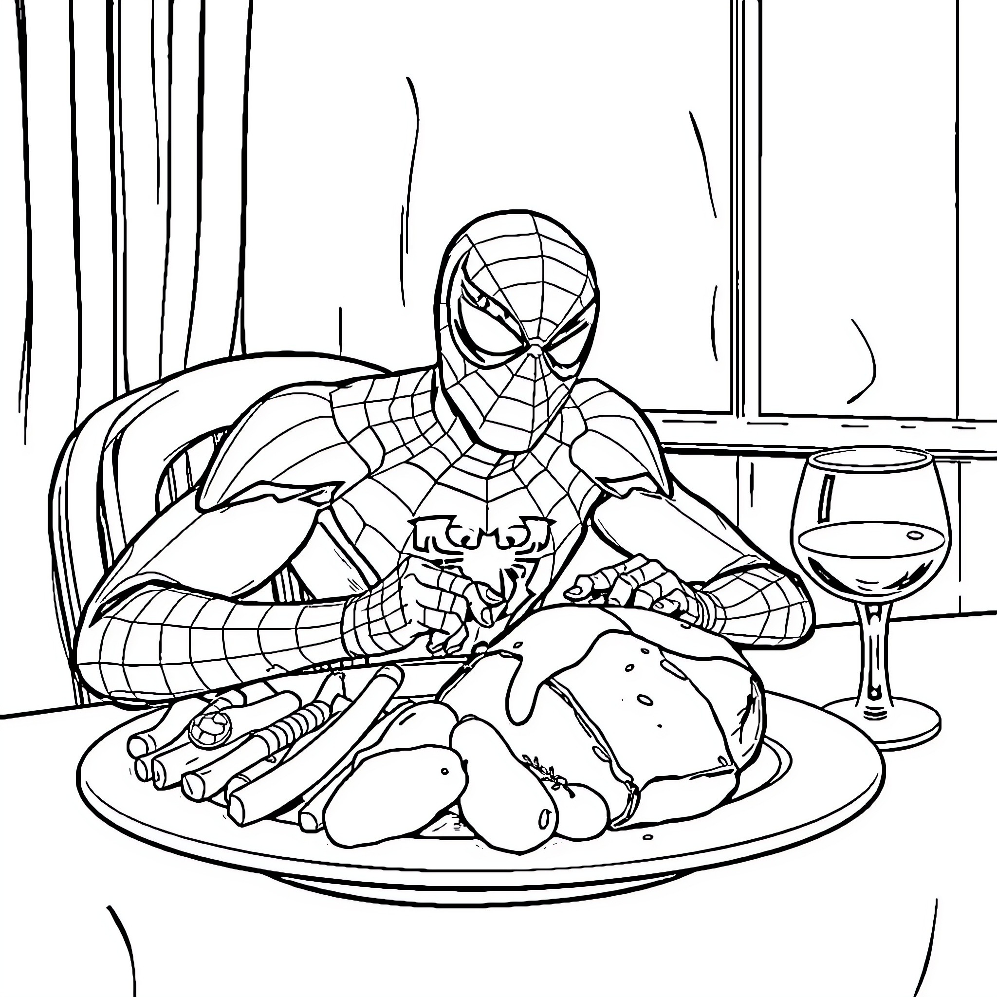 Spiderman enjoys a delicious meal in his lair Coloring Page (free black-and-white line drawing printable PDF for all, from beginners to advanced learners, including children, teens, adults, and seniors)