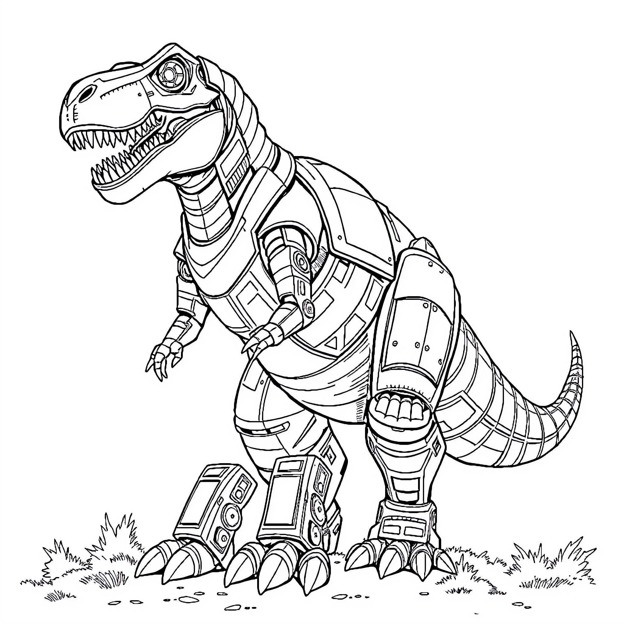 Robot T-Rex standing in a field Coloring Page (free black-and-white line drawing printable PDF for all, from beginners to advanced learners, including children, teens, adults, and seniors)