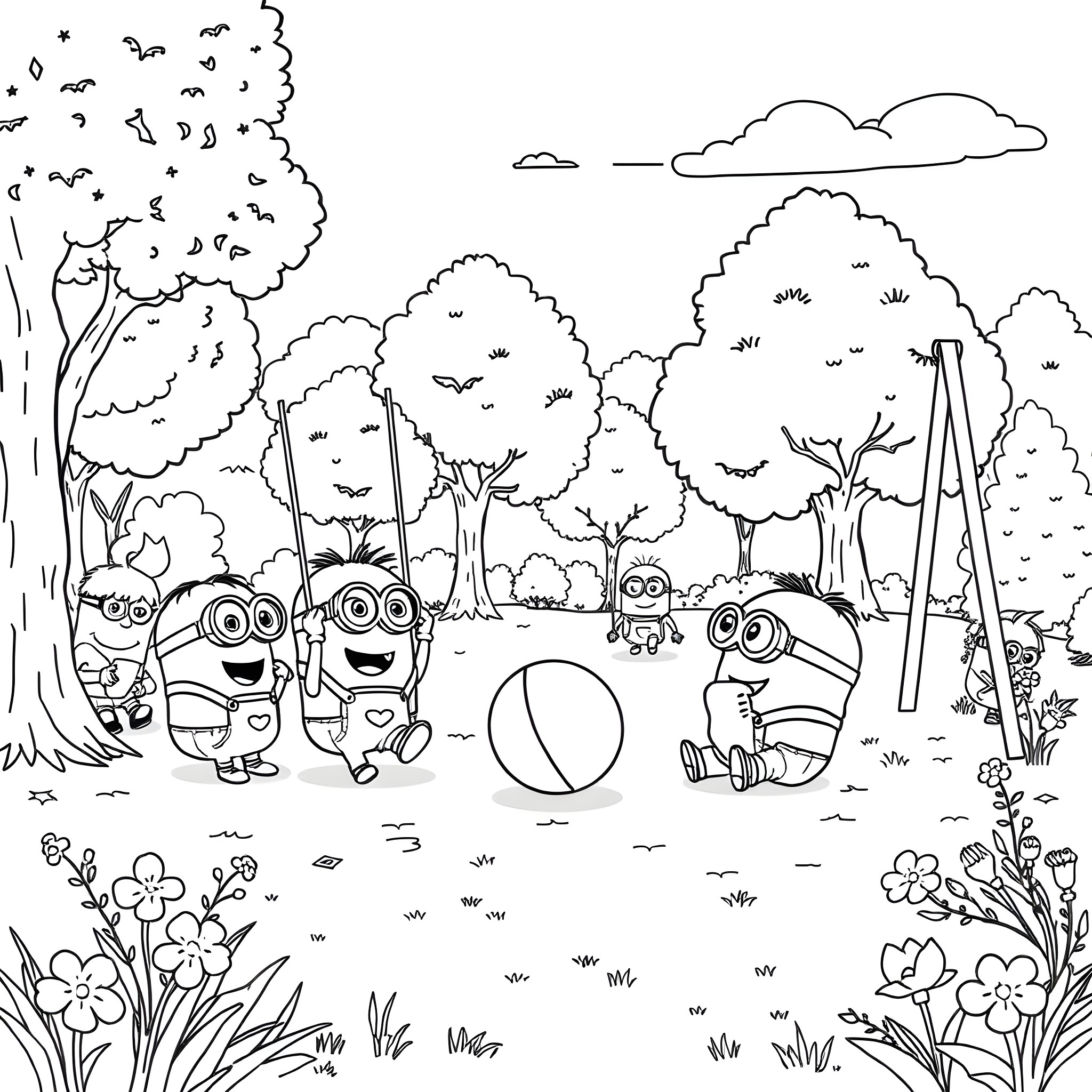 Minions playing happily in the forest Coloring Page (free black-and-white line drawing printable PDF for all, from beginners to advanced learners, including children, teens, adults, and seniors)