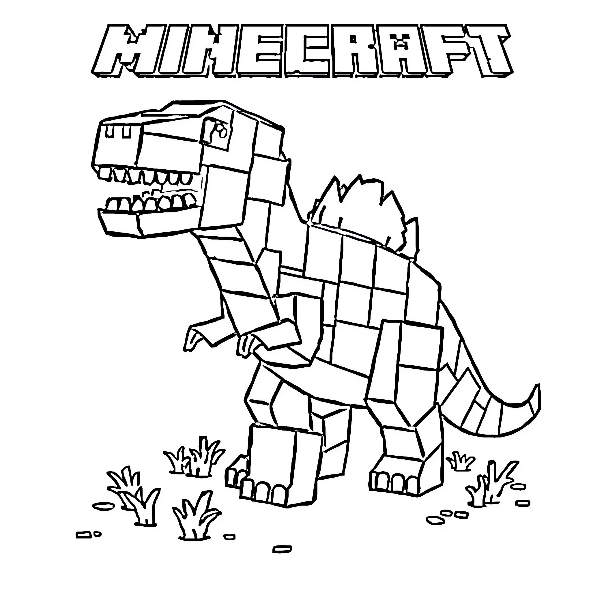 Dinosaur in Minecraft game world Coloring Page (free black-and-white line drawing printable PDF for all, from beginners to advanced learners, including children, teens, adults, and seniors)
