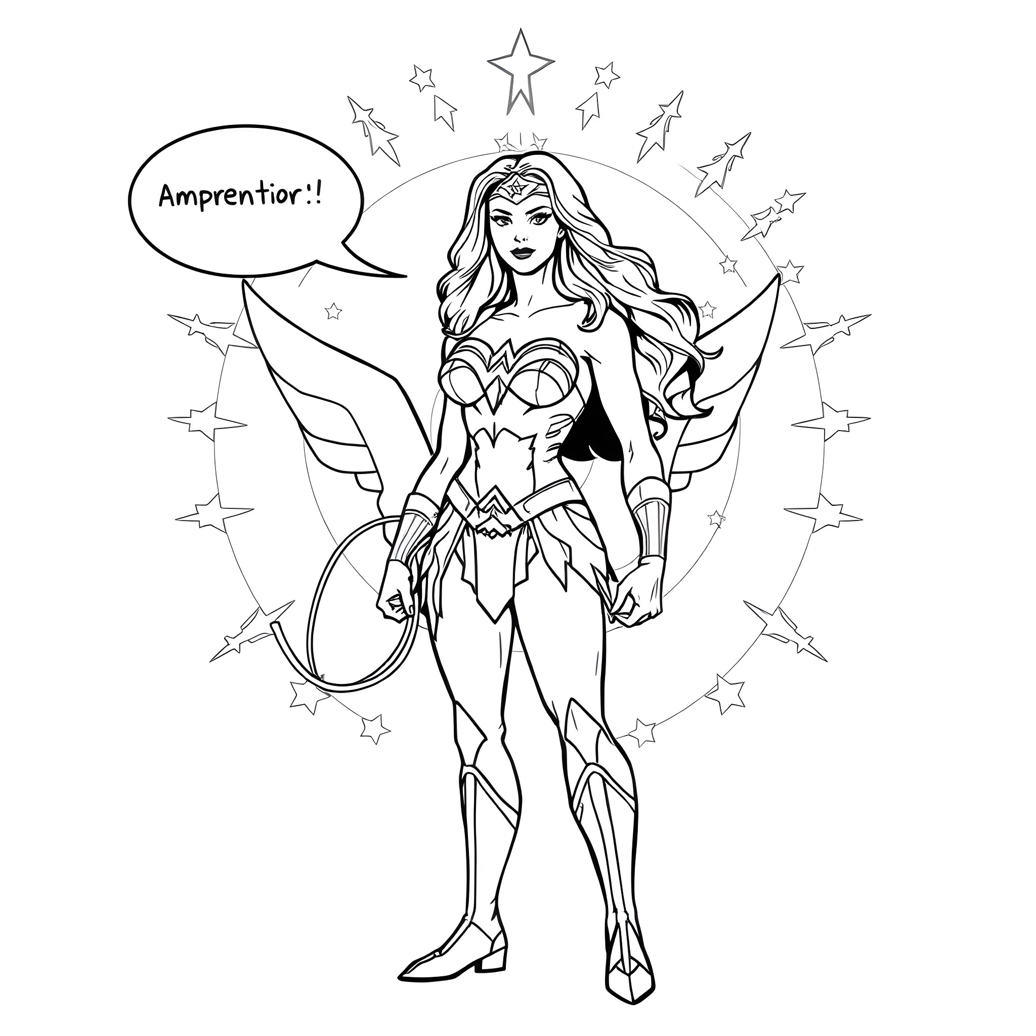 Wonder Woman in heroic pose with speech bubble Coloring Page (free black-and-white line drawing printable PDF for all, from beginners to advanced learners, including children, teens, adults, and seniors)