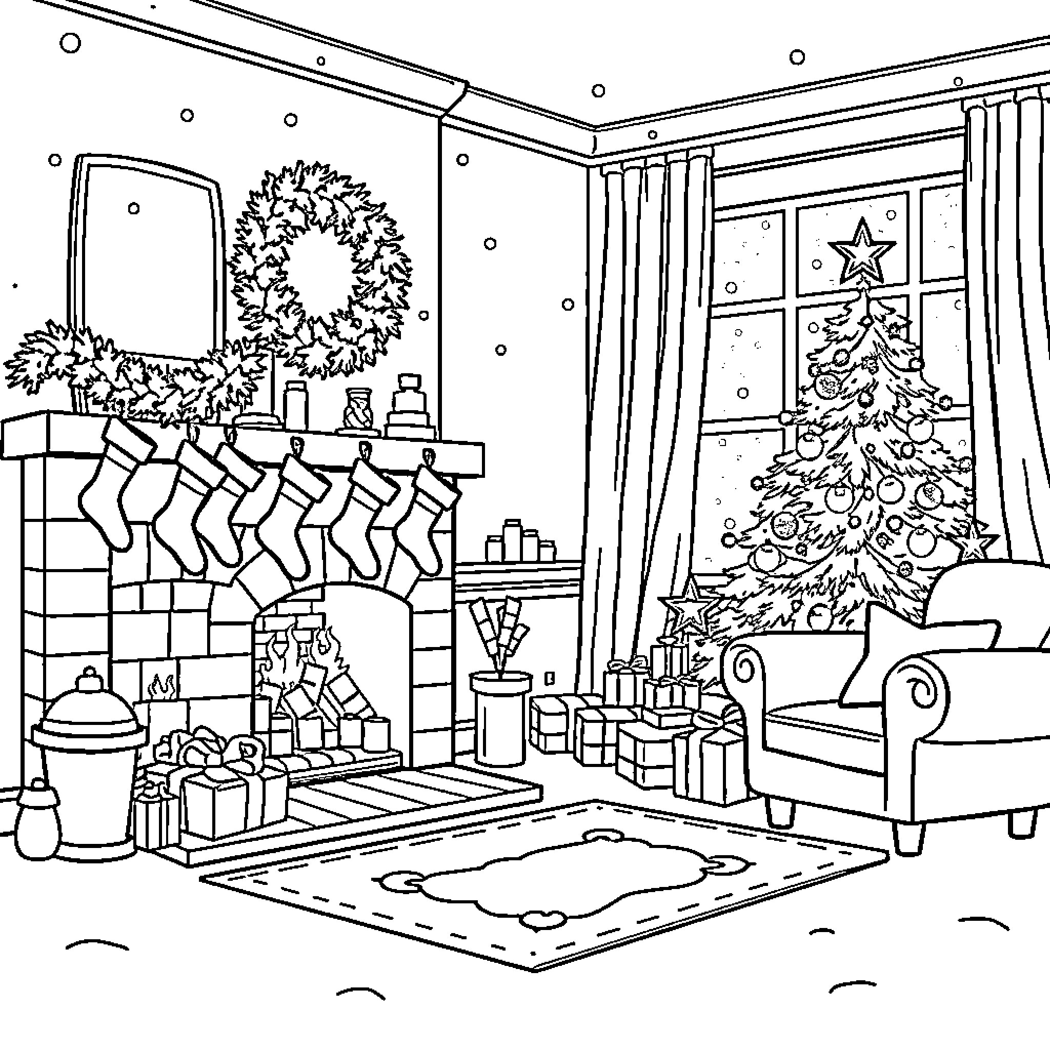 Living Room with Festive Decor and Christmas Tree Coloring Page (free black-and-white line drawing printable PDF for all, from beginners to advanced learners, including children, teens, adults, and seniors)