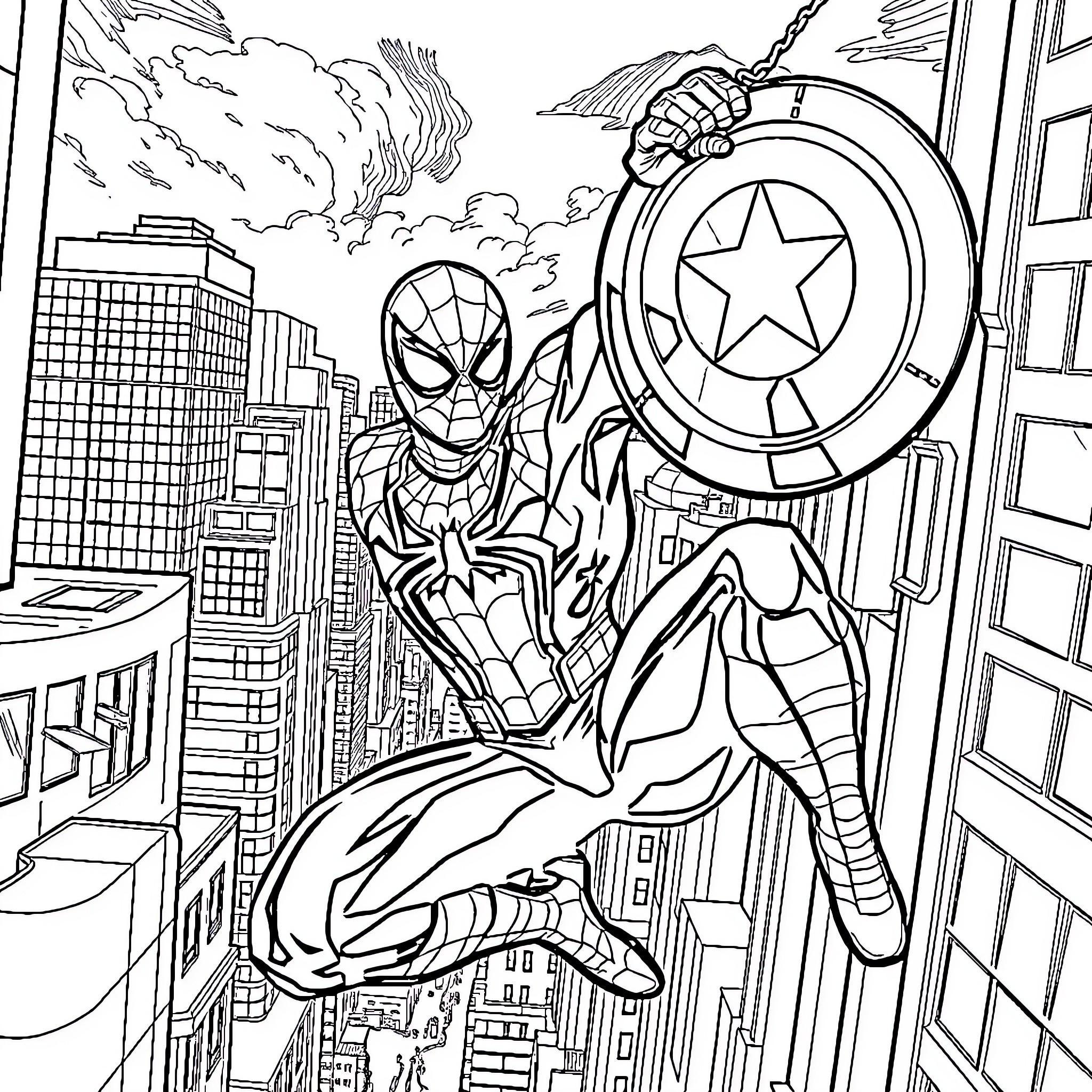 Spiderman swinging through the city with Captain America's shield Coloring Page (free black-and-white line drawing printable PDF for all, from beginners to advanced learners, including children, teens, adults, and seniors)